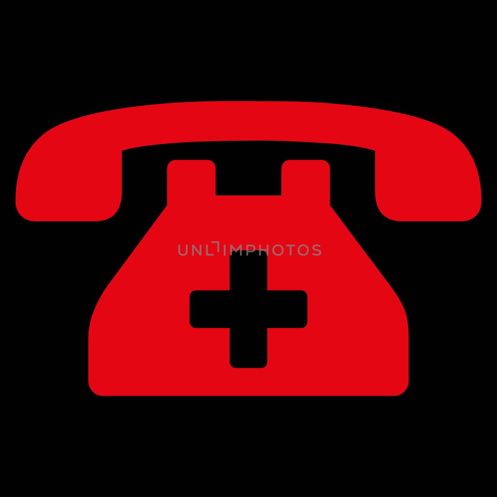 Clinic Phone raster icon. Style is flat symbol, red color, rounded angles, black background.
