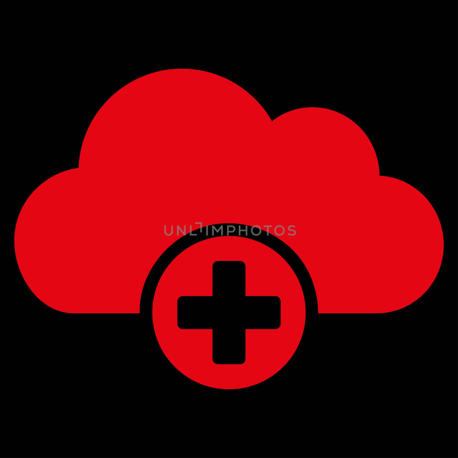 Cloud Medicine raster icon. Style is flat symbol, red color, rounded angles, black background.