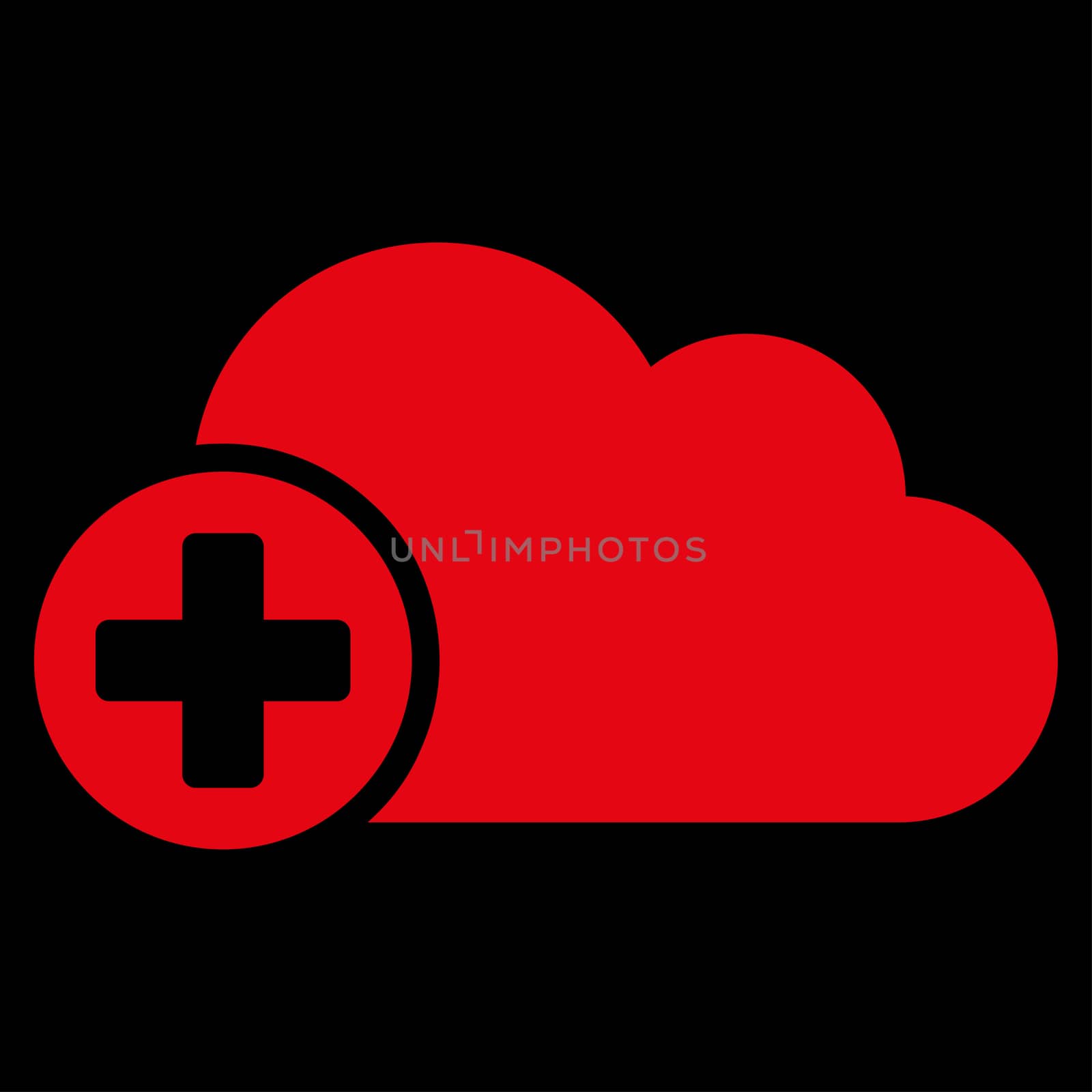 Create Cloud raster icon. Style is flat symbol, red color, rounded angles, black background.