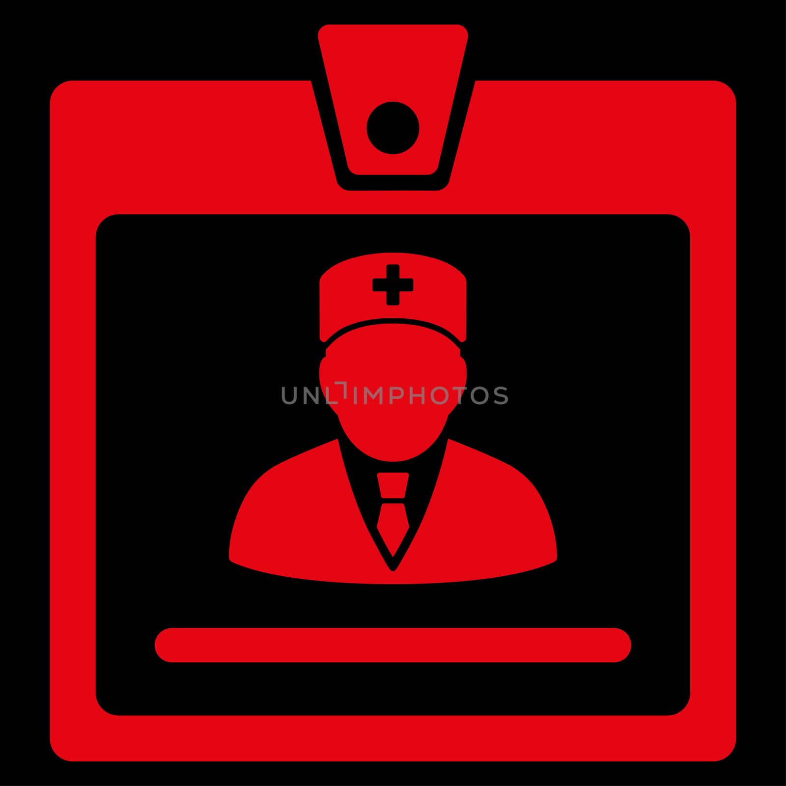 Doctor Badge raster icon. Style is flat symbol, red color, rounded angles, black background.