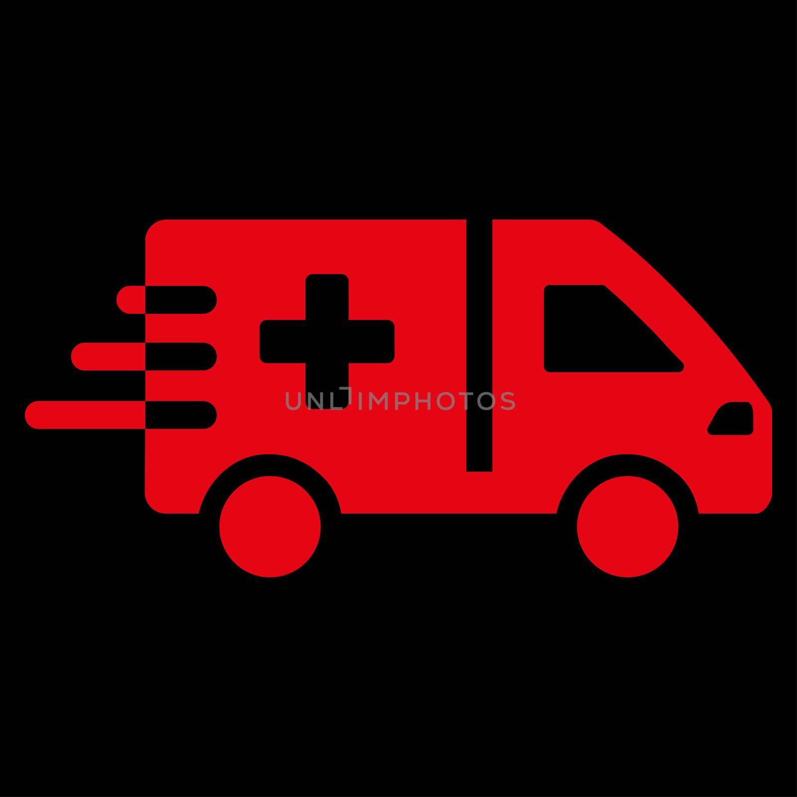 Emergency Car raster icon. Style is flat symbol, red color, rounded angles, black background.