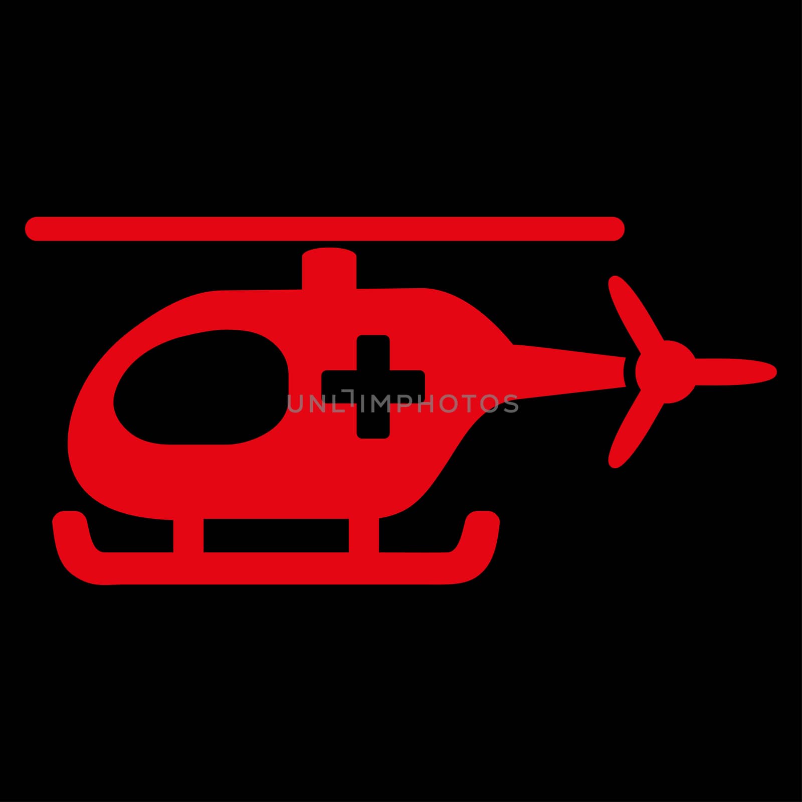 Emergency Helicopter raster icon. Style is flat symbol, red color, rounded angles, black background.
