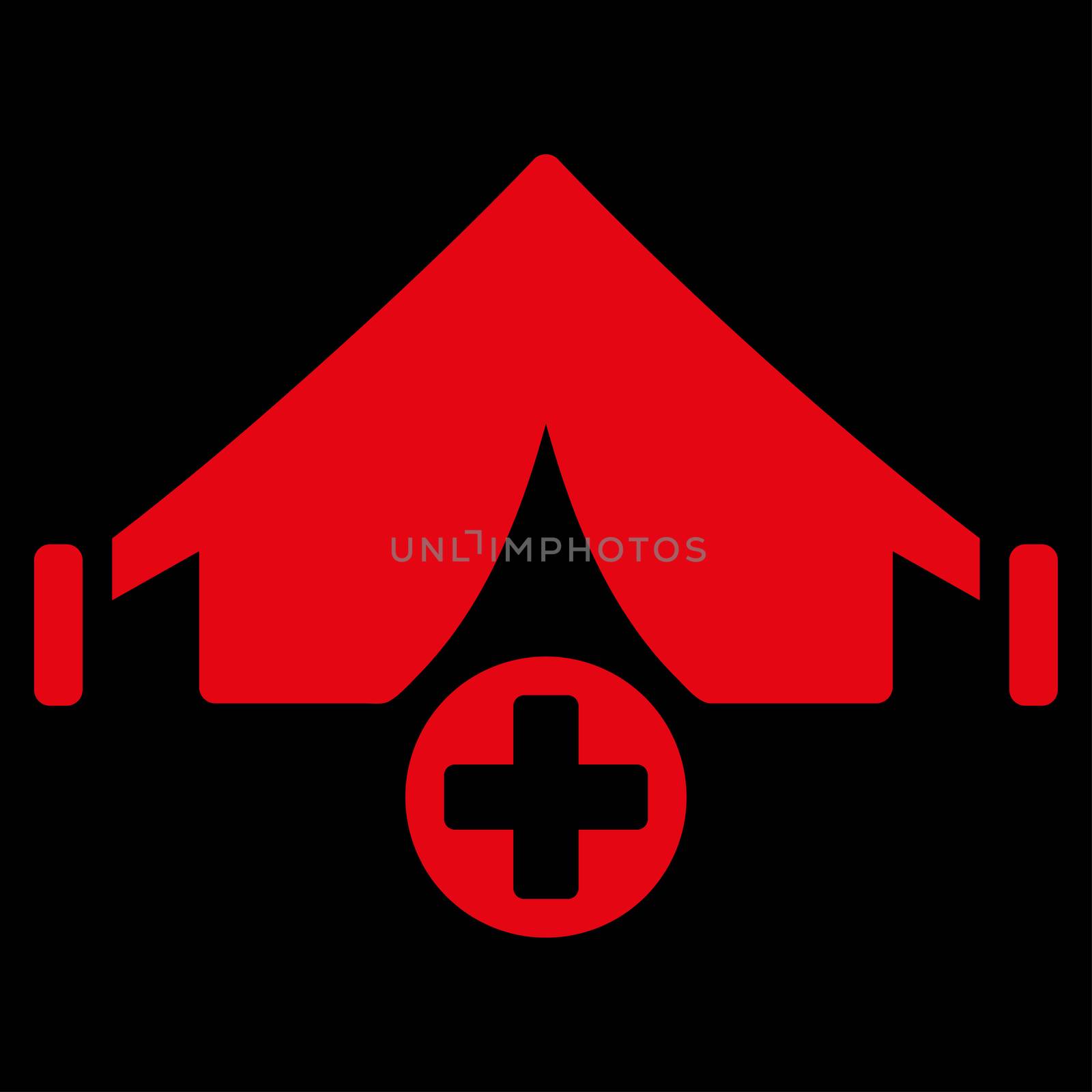 Field Hospital raster icon. Style is flat symbol, red color, rounded angles, black background.