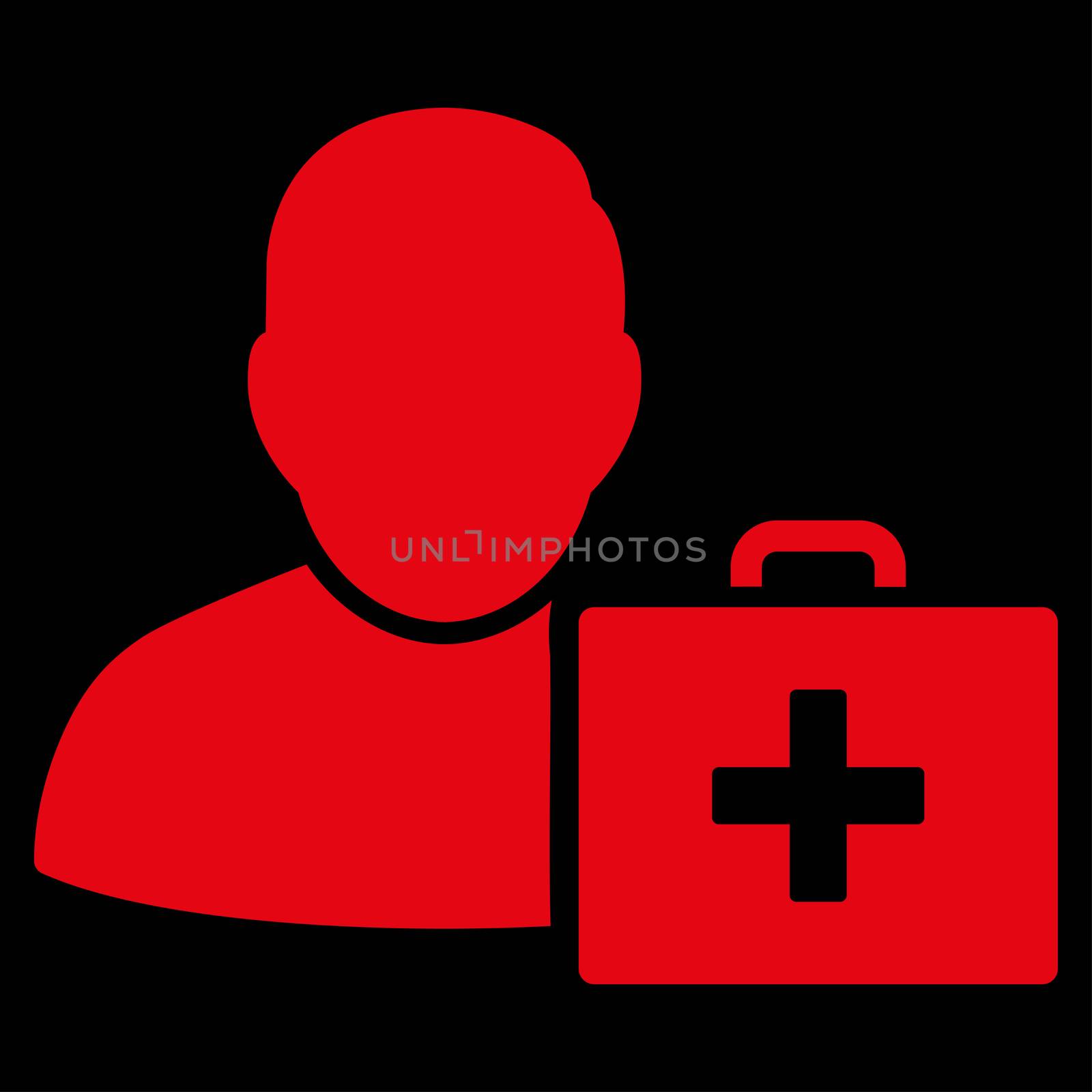 First Aid Man raster icon. Style is flat symbol, red color, rounded angles, black background.