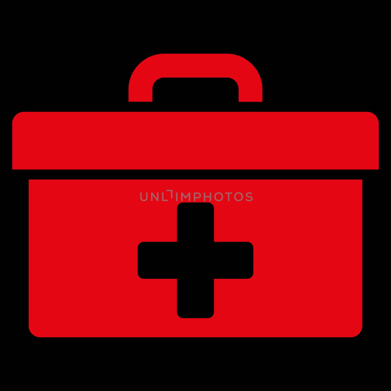 First Aid Toolbox raster icon. Style is flat symbol, red color, rounded angles, black background.