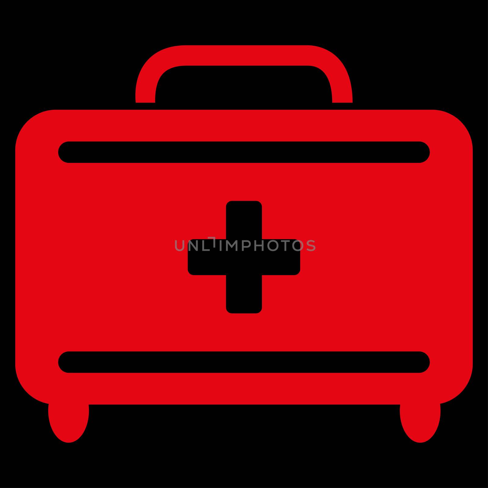 First Aid Toolkit raster icon. Style is flat symbol, red color, rounded angles, black background.