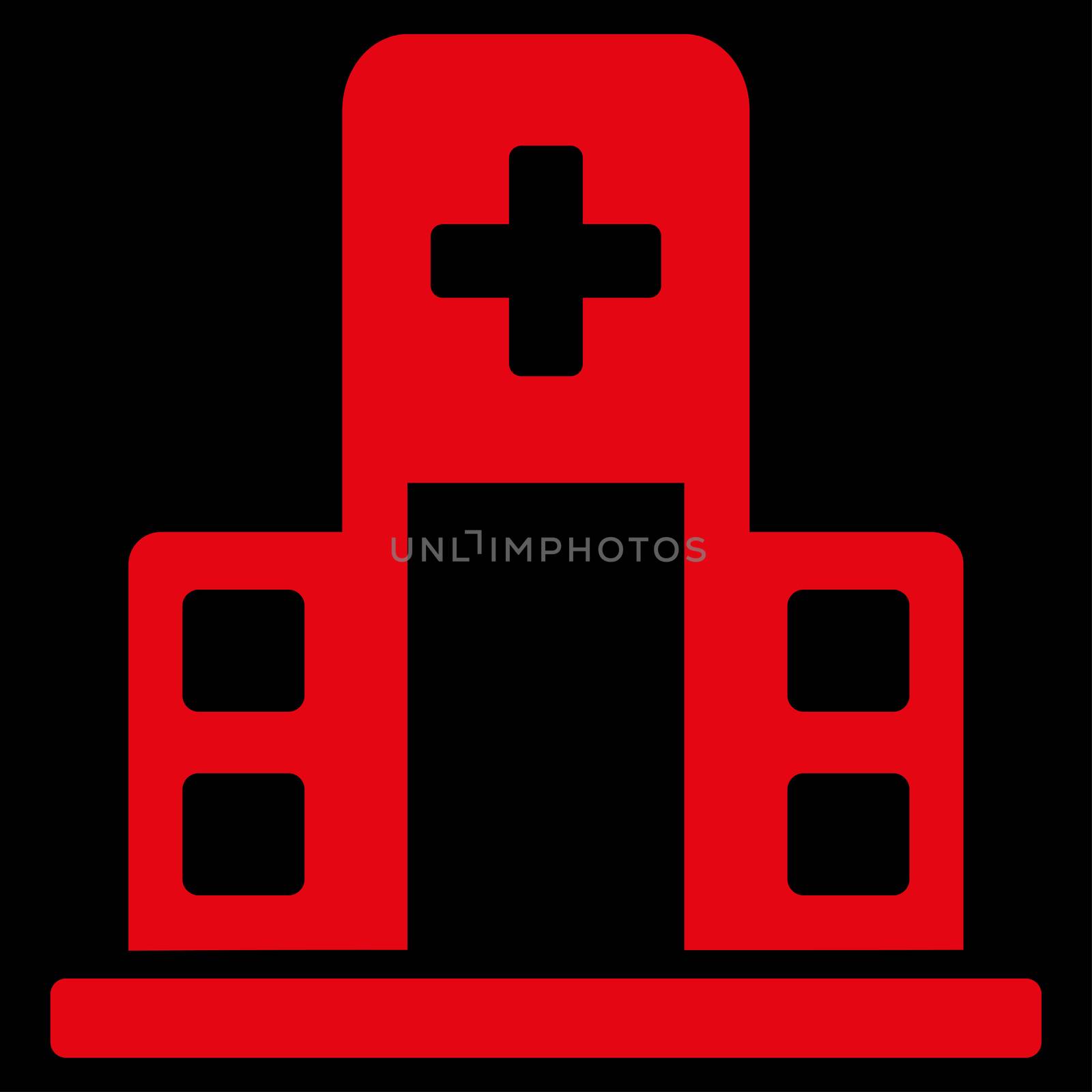 Hospital Building raster icon. Style is flat symbol, red color, rounded angles, black background.