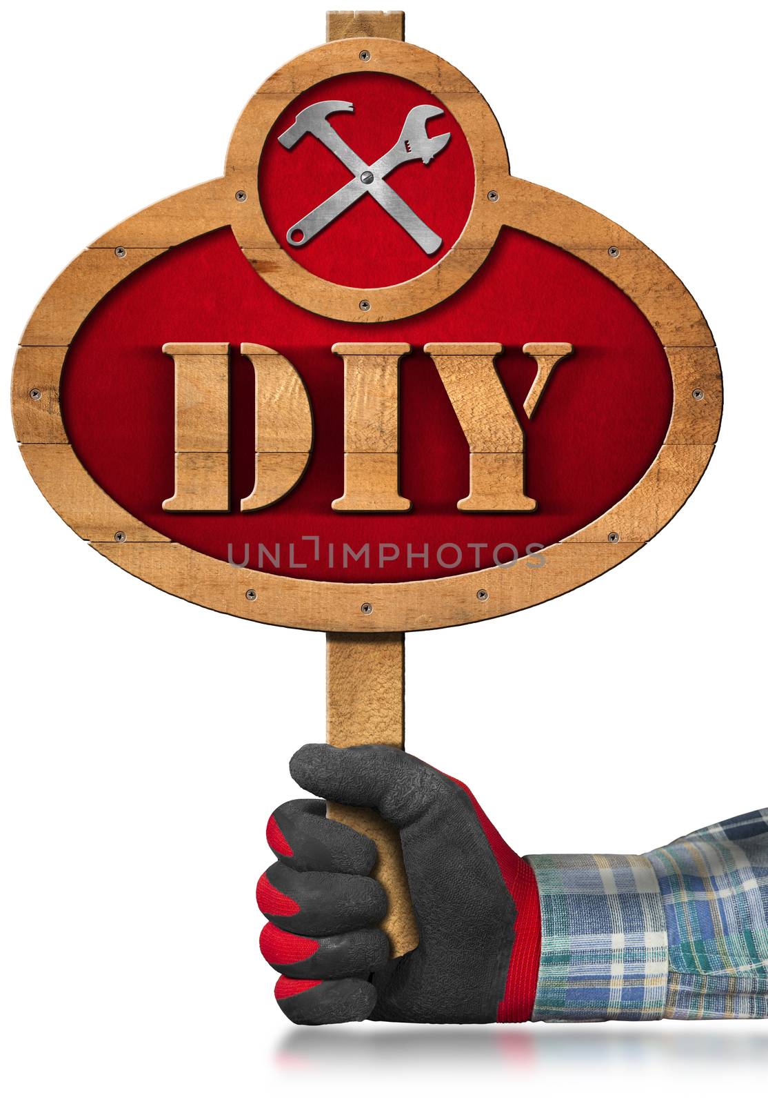 Hand with work glove holding a oval wooden and red sign with text Diy (Do it yourself) and a symbol with hammer and wrench. Isolated on white background