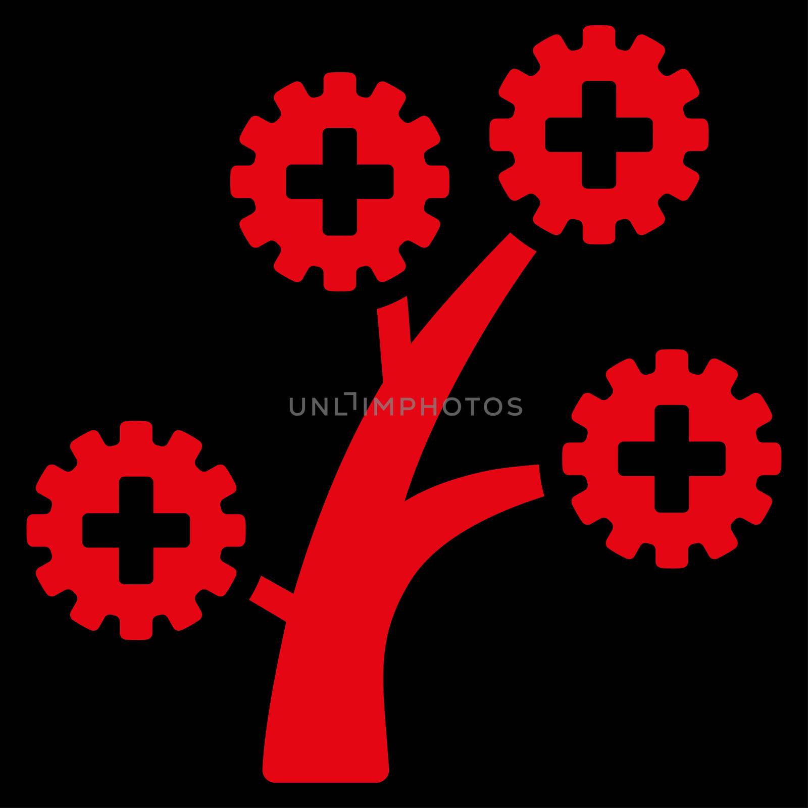 Medical Technology Tree raster icon. Style is flat symbol, red color, rounded angles, black background.