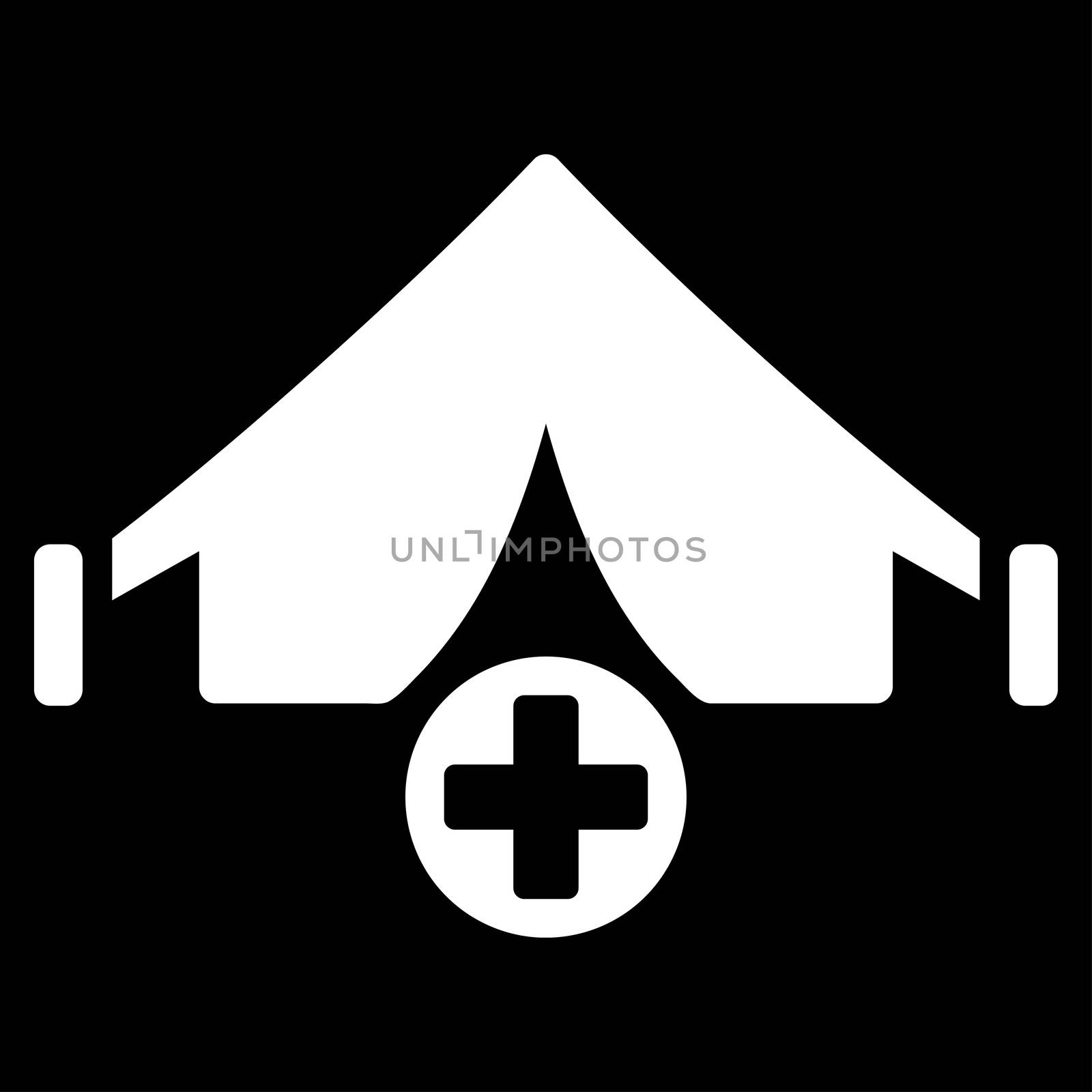 Field Hospital raster icon. Style is flat symbol, white color, rounded angles, black background.