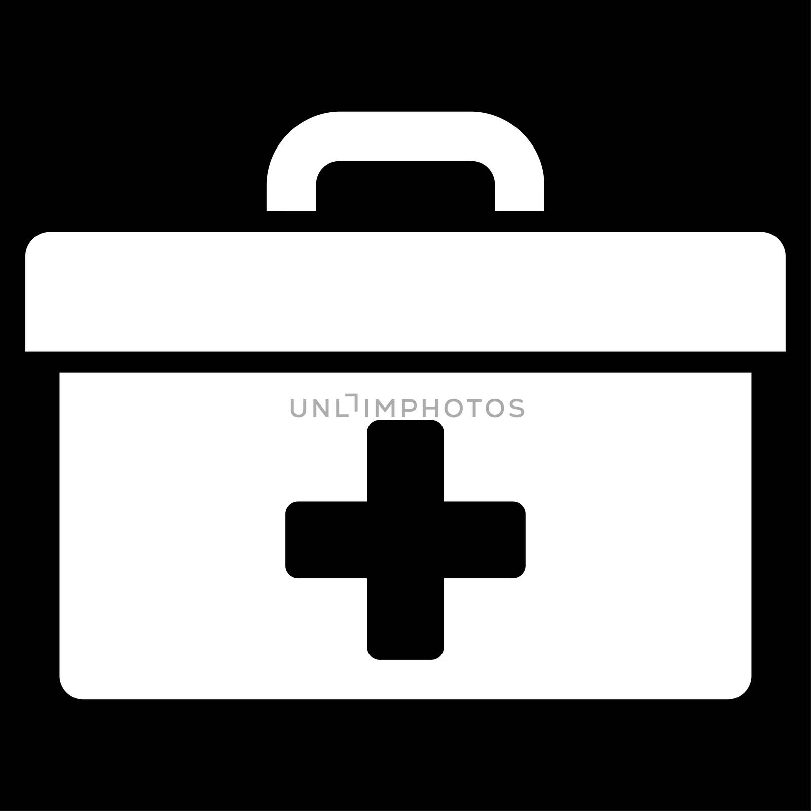 First Aid Toolbox raster icon. Style is flat symbol, white color, rounded angles, black background.