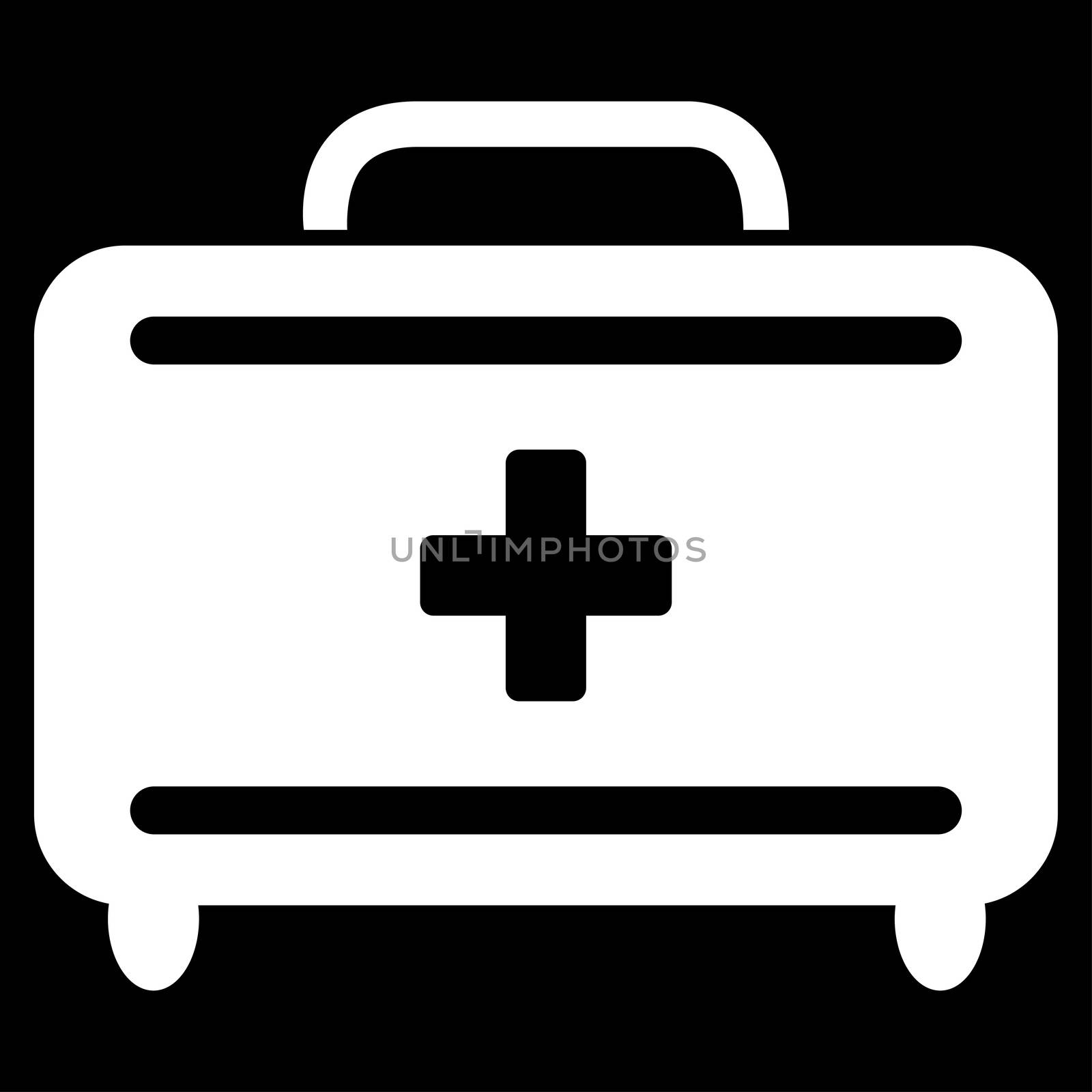 First Aid Toolkit raster icon. Style is flat symbol, white color, rounded angles, black background.