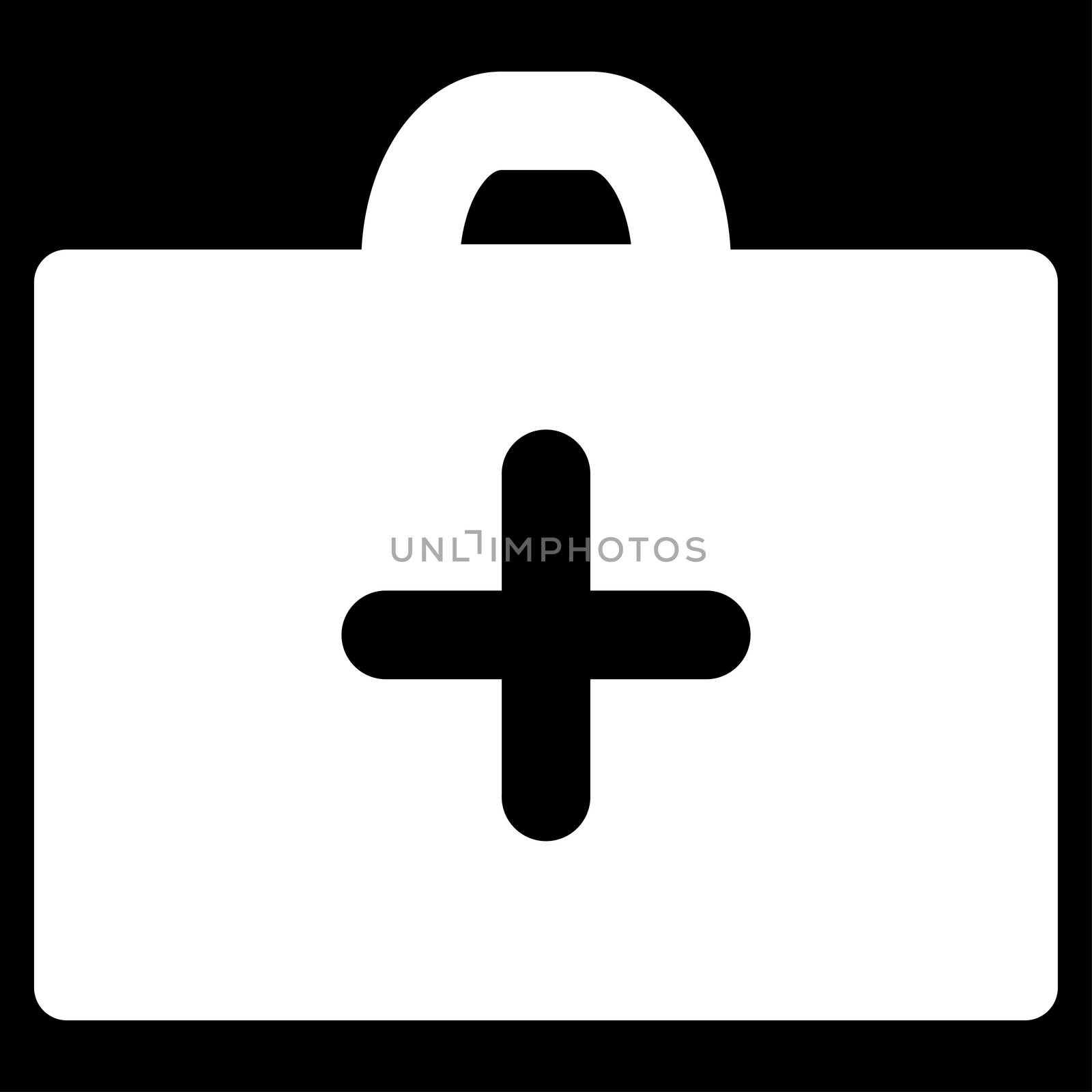 First Aid raster icon. Style is flat symbol, white color, rounded angles, black background.