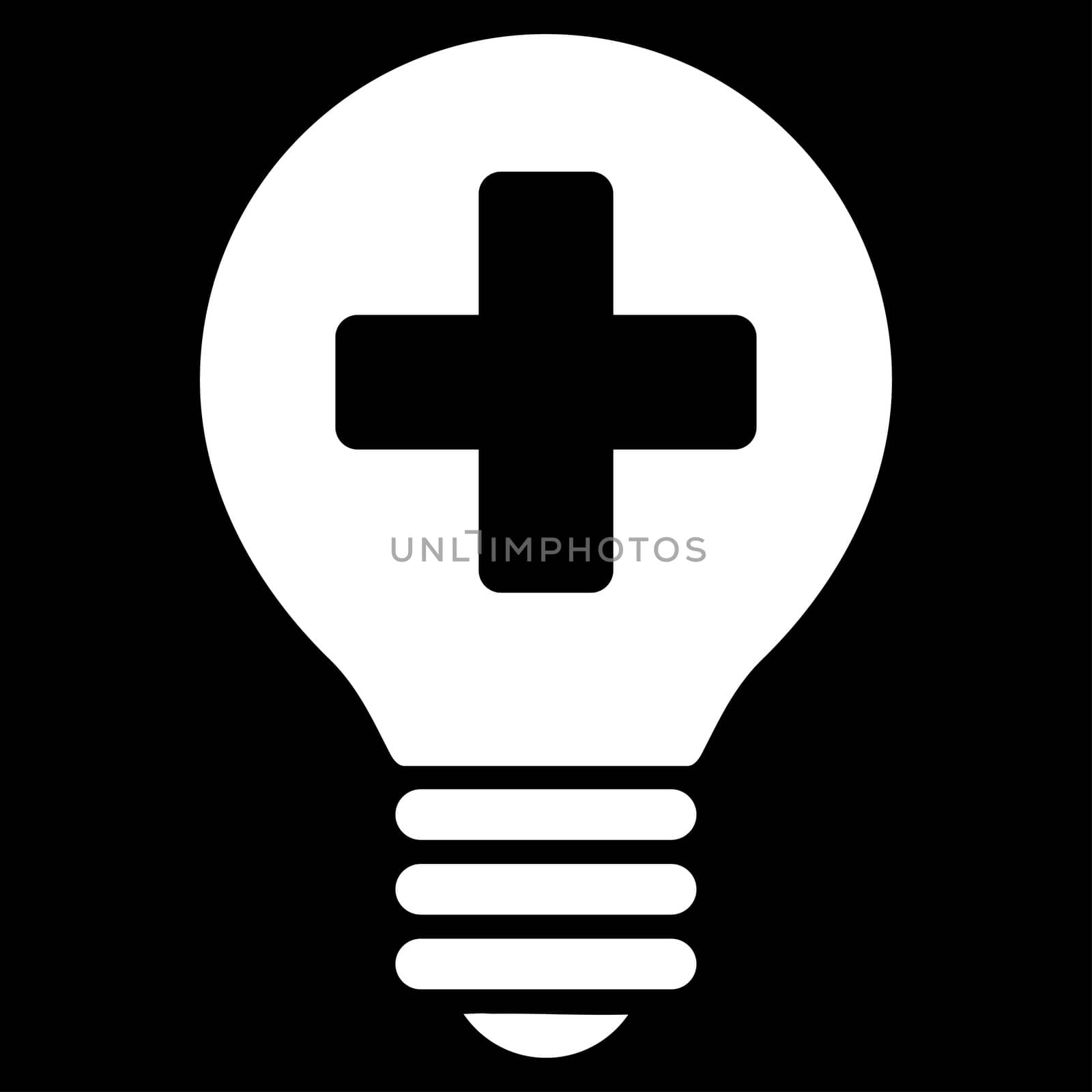 Healh Care Bulb raster icon. Style is flat symbol, white color, rounded angles, black background.
