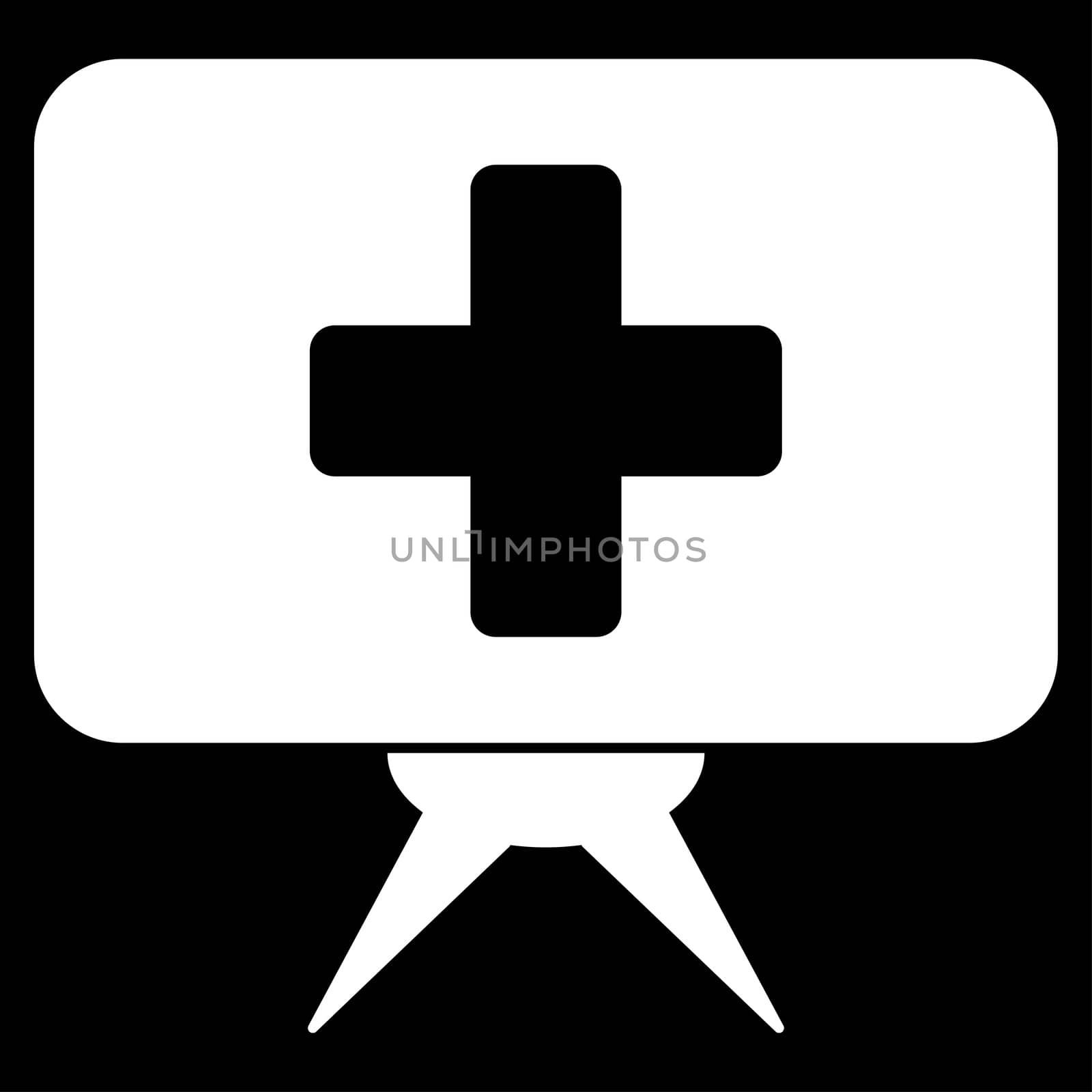 Health Care Presentation raster icon. Style is flat symbol, white color, rounded angles, black background.