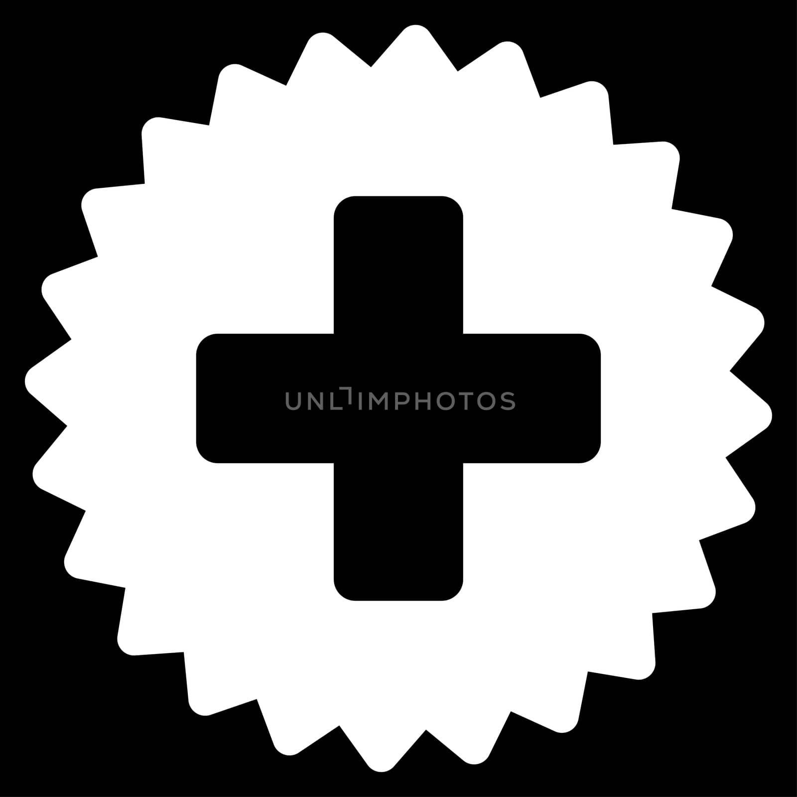 Health Care Stamp raster icon. Style is flat symbol, white color, rounded angles, black background.