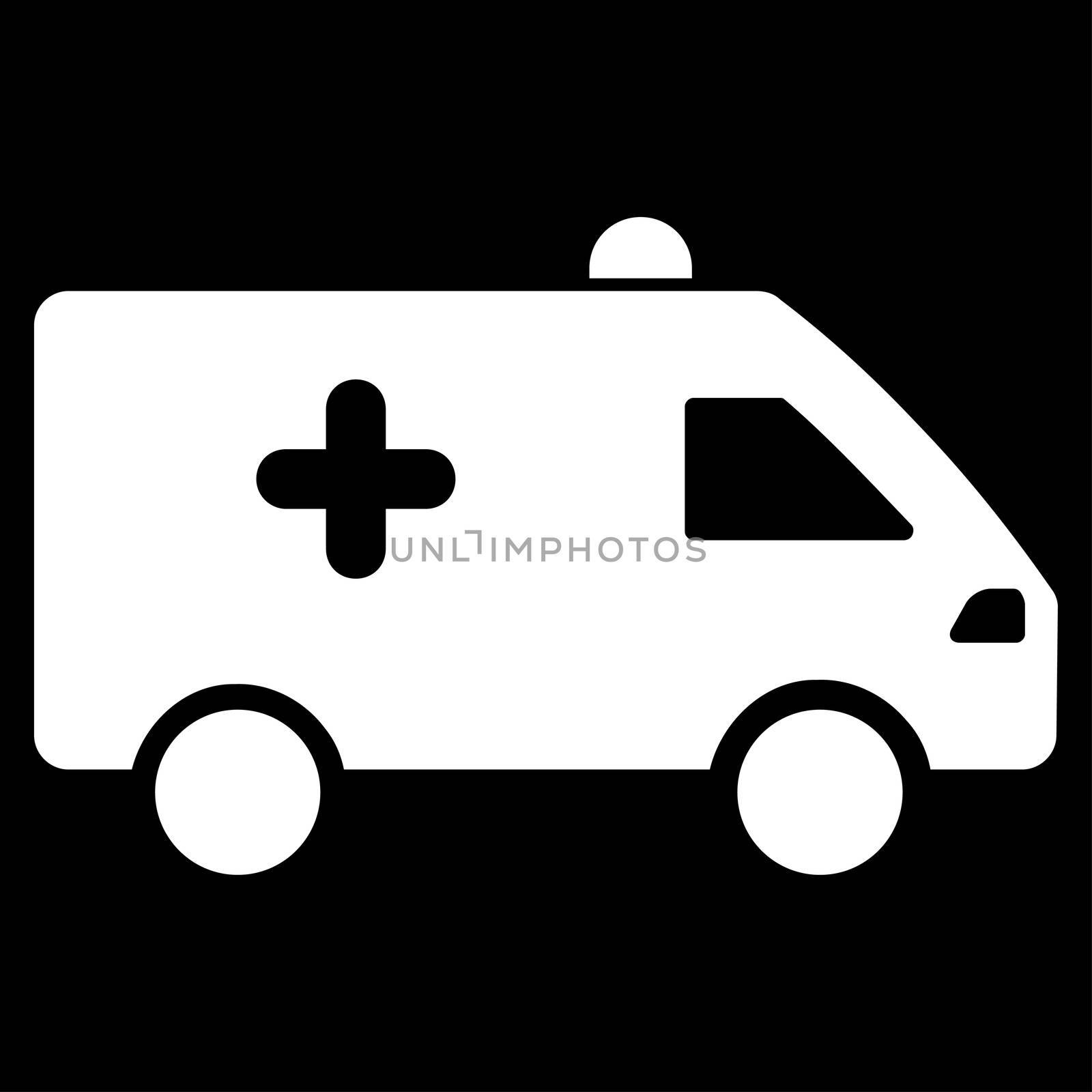 Hospital Car raster icon. Style is flat symbol, white color, rounded angles, black background.