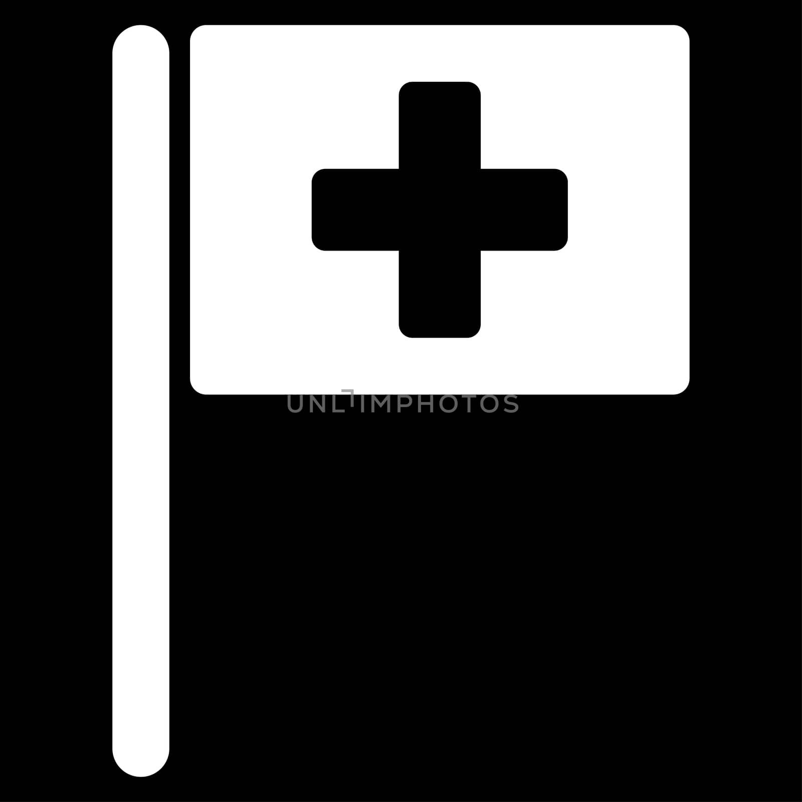 Hospital Flag raster icon. Style is flat symbol, white color, rounded angles, black background.