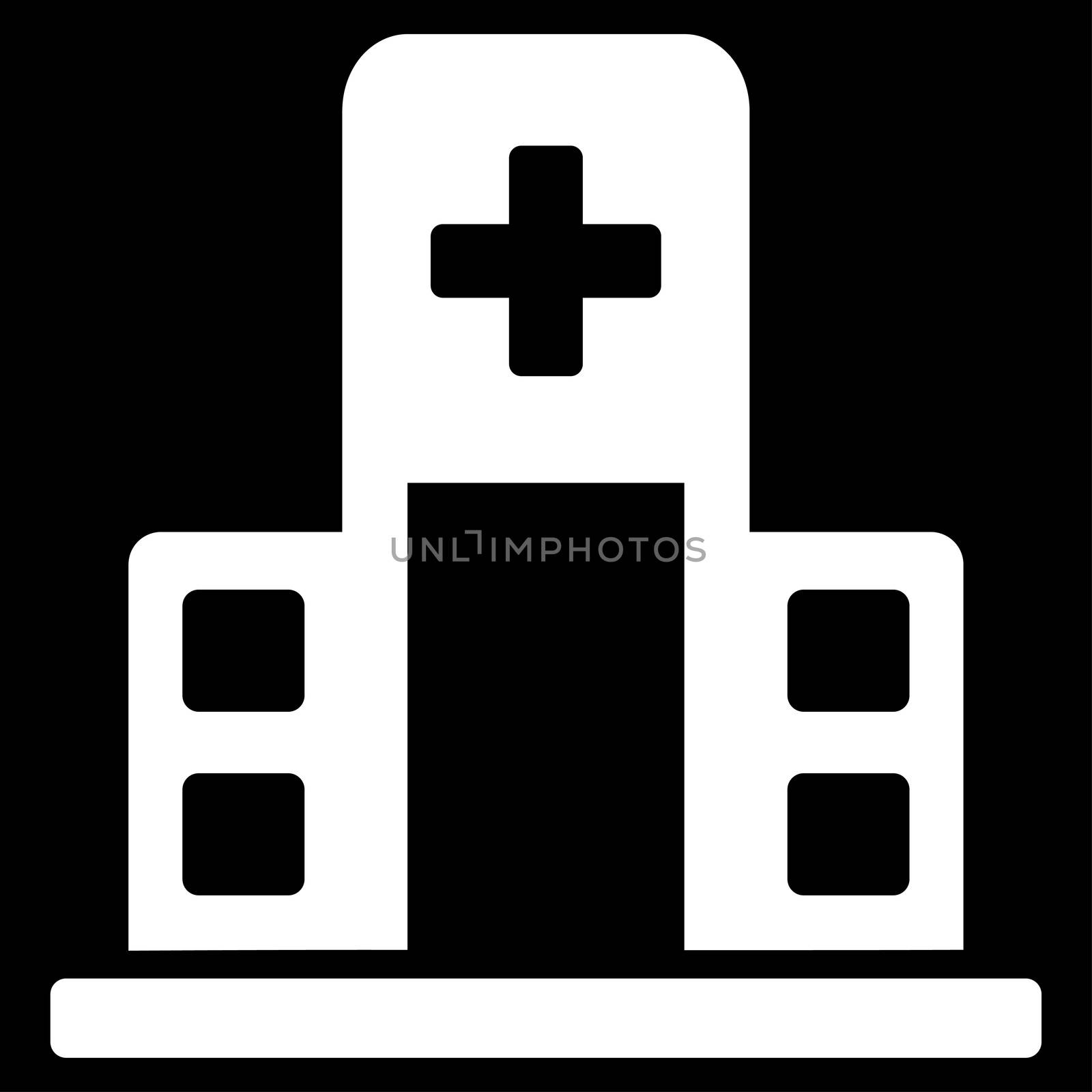 Hospital Building raster icon. Style is flat symbol, white color, rounded angles, black background.
