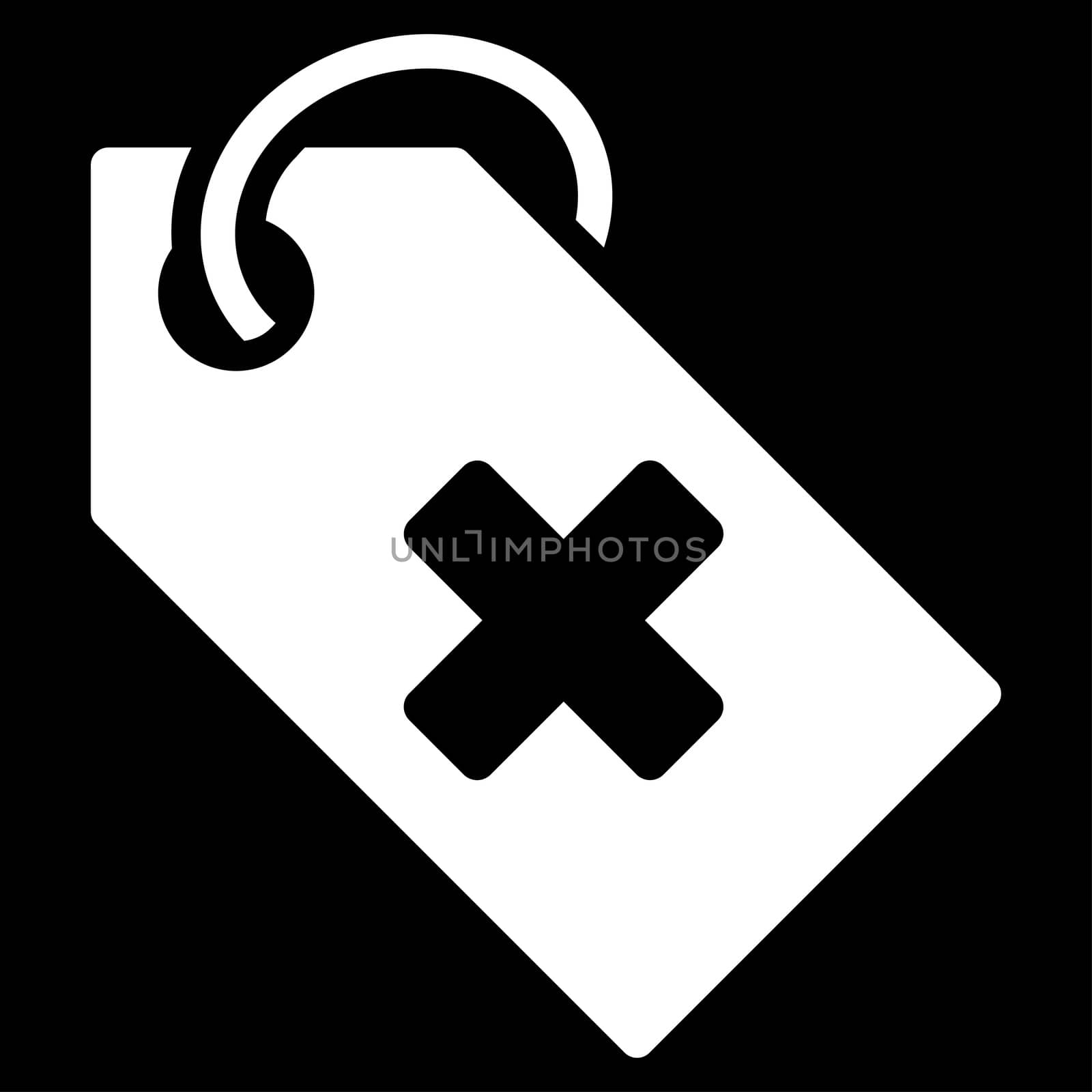 Hospital Tag raster icon. Style is flat symbol, white color, rounded angles, black background.