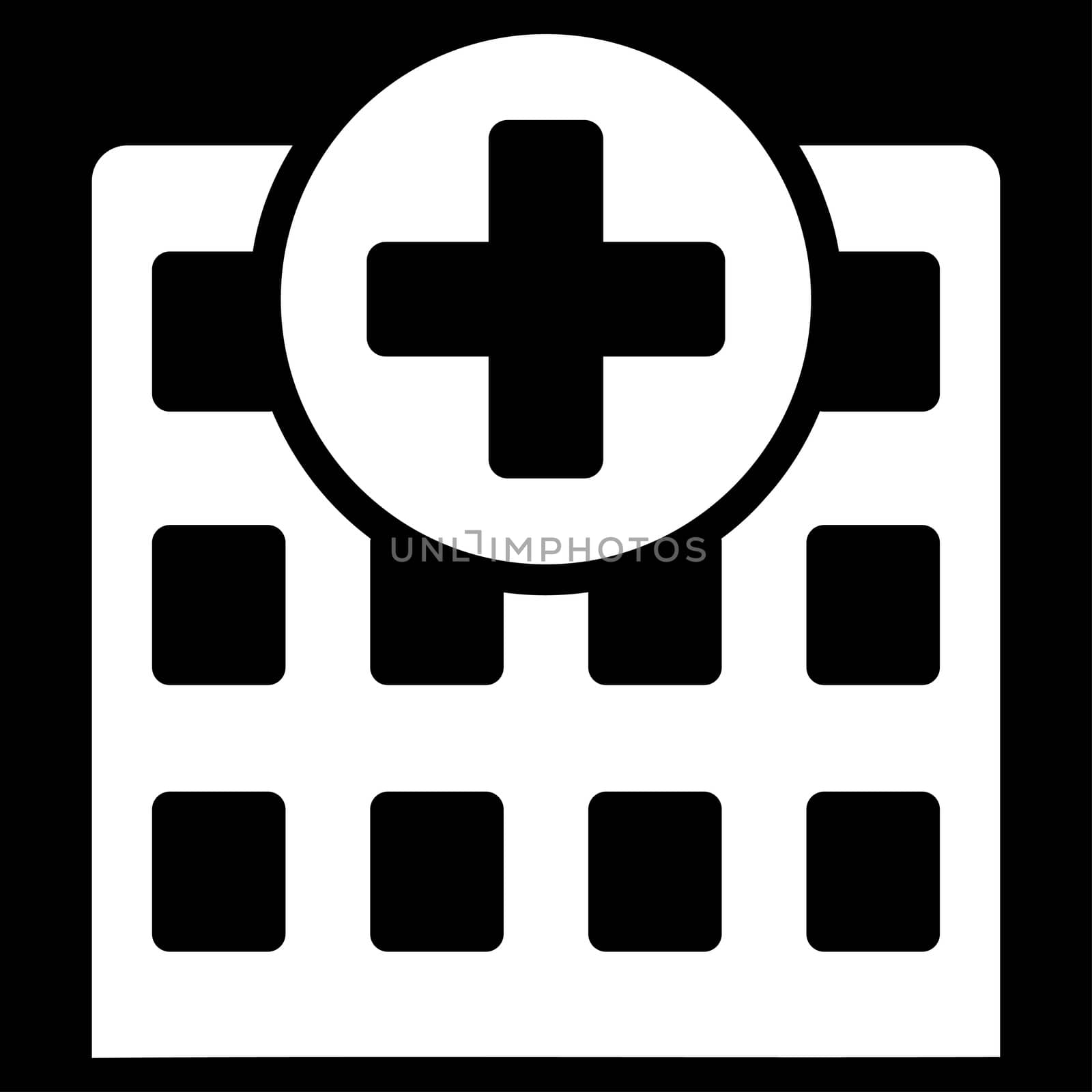 Hospital raster icon. Style is flat symbol, white color, rounded angles, black background.