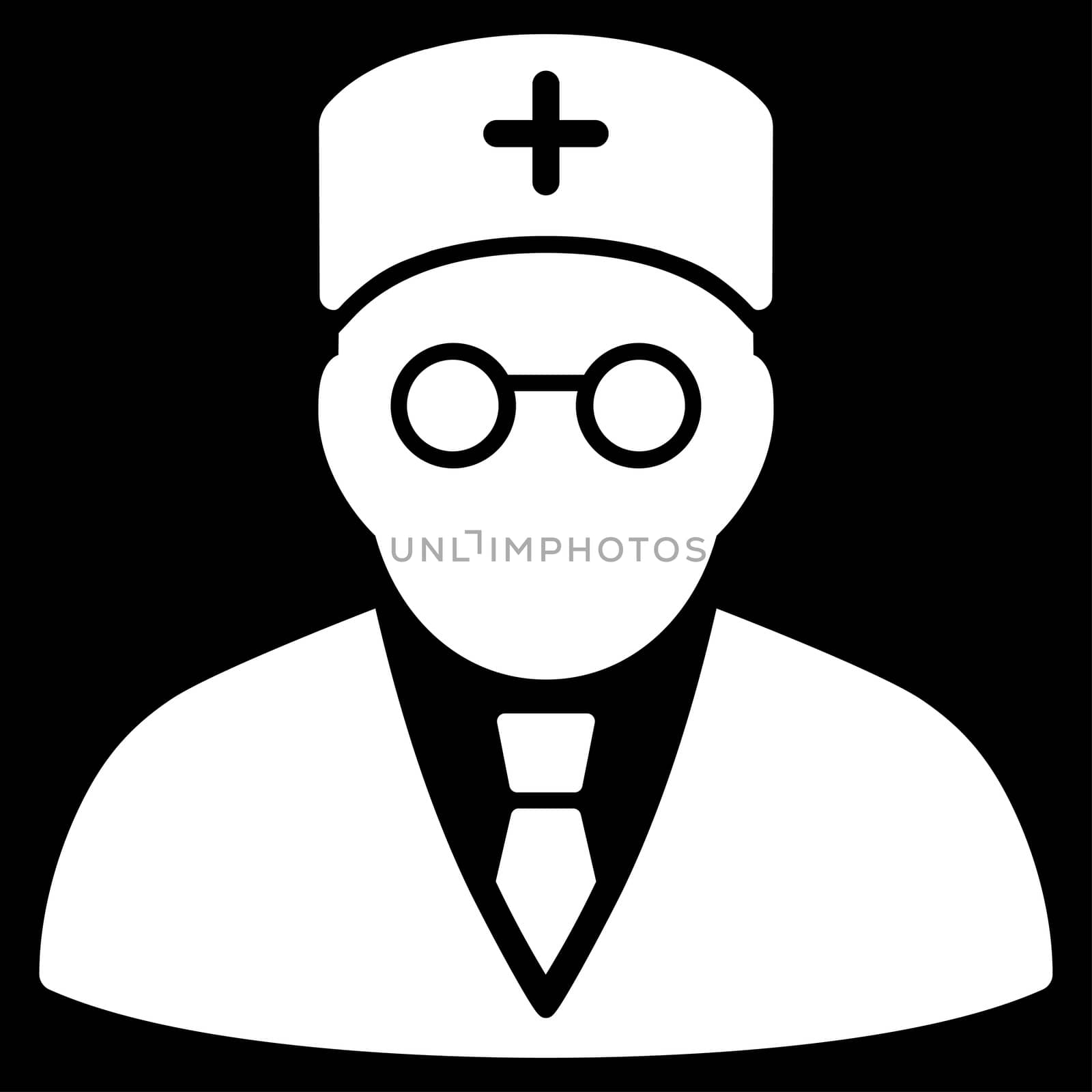 Main Physician raster icon. Style is flat symbol, white color, rounded angles, black background.