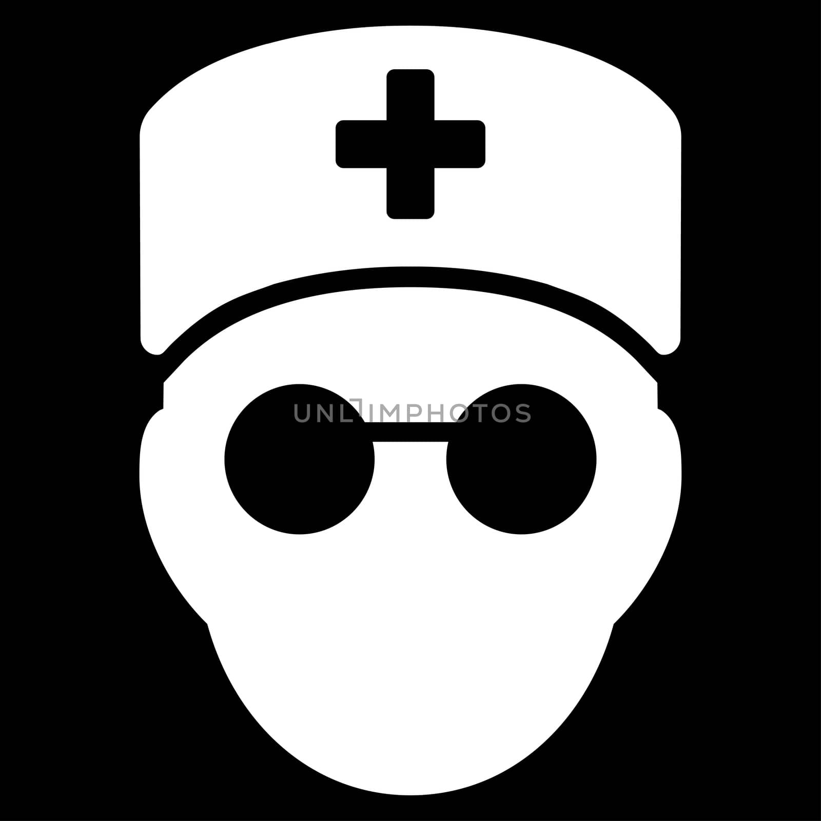 Medic Head raster icon. Style is flat symbol, white color, rounded angles, black background.