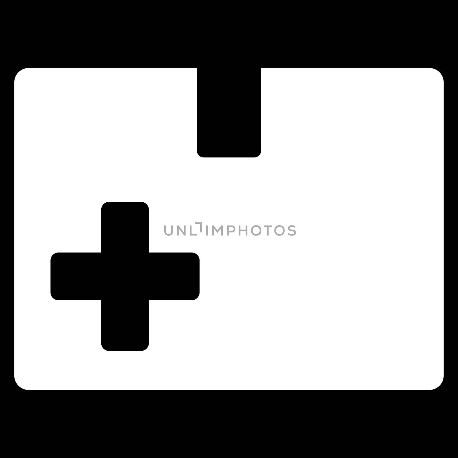Medical Box raster icon. Style is flat symbol, white color, rounded angles, black background.