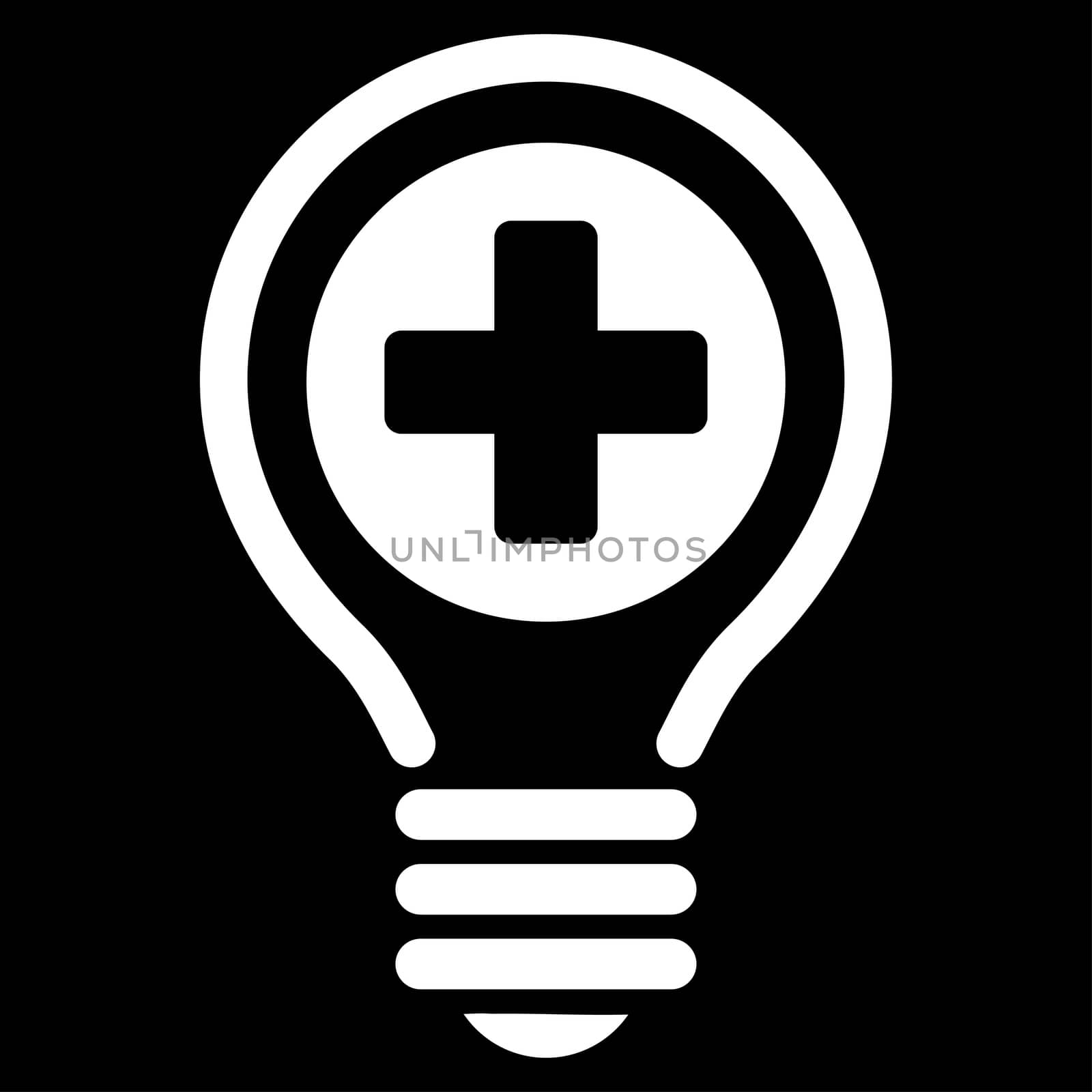 Medical Bulb raster icon. Style is flat symbol, white color, rounded angles, black background.