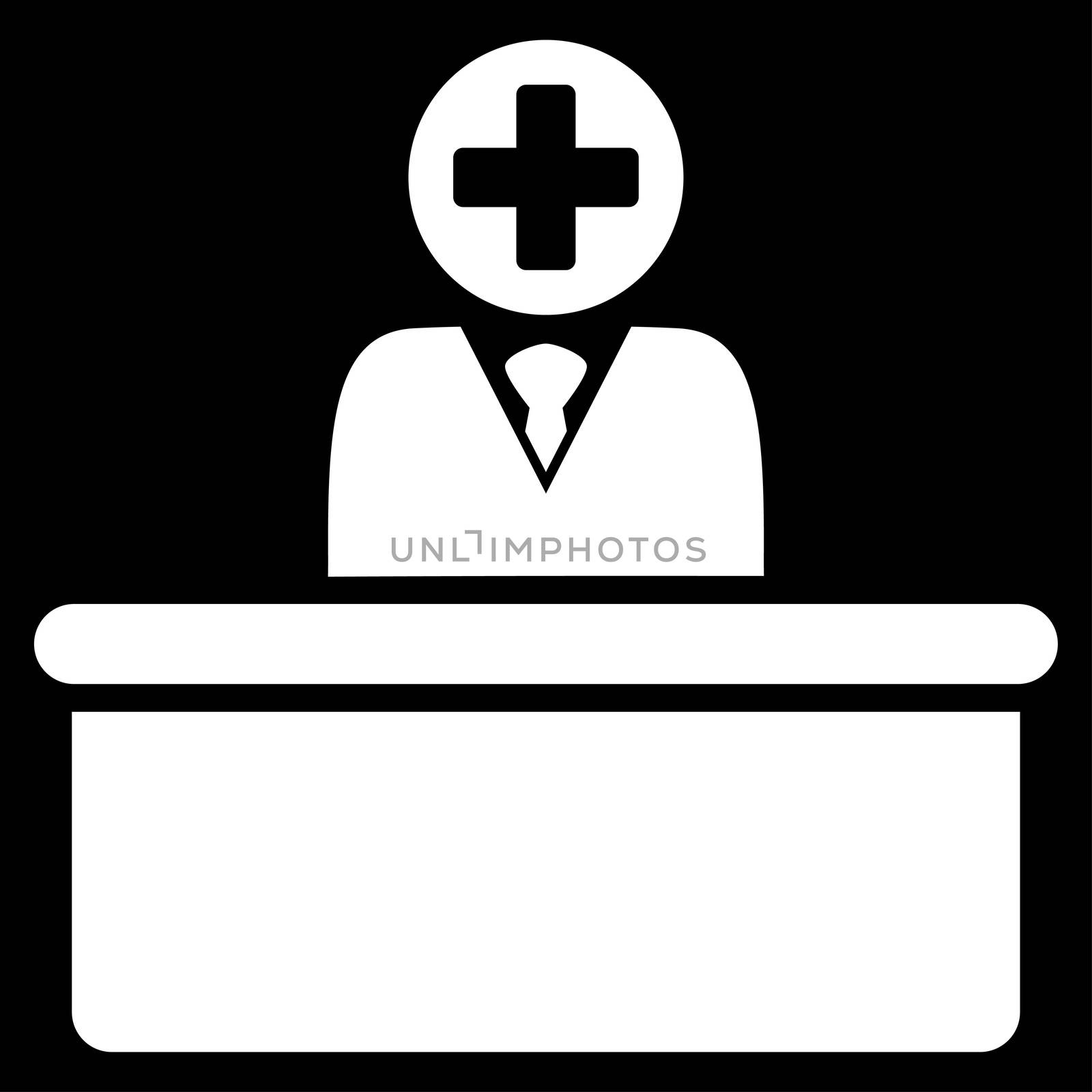 Medical Bureaucrat raster icon. Style is flat symbol, white color, rounded angles, black background.