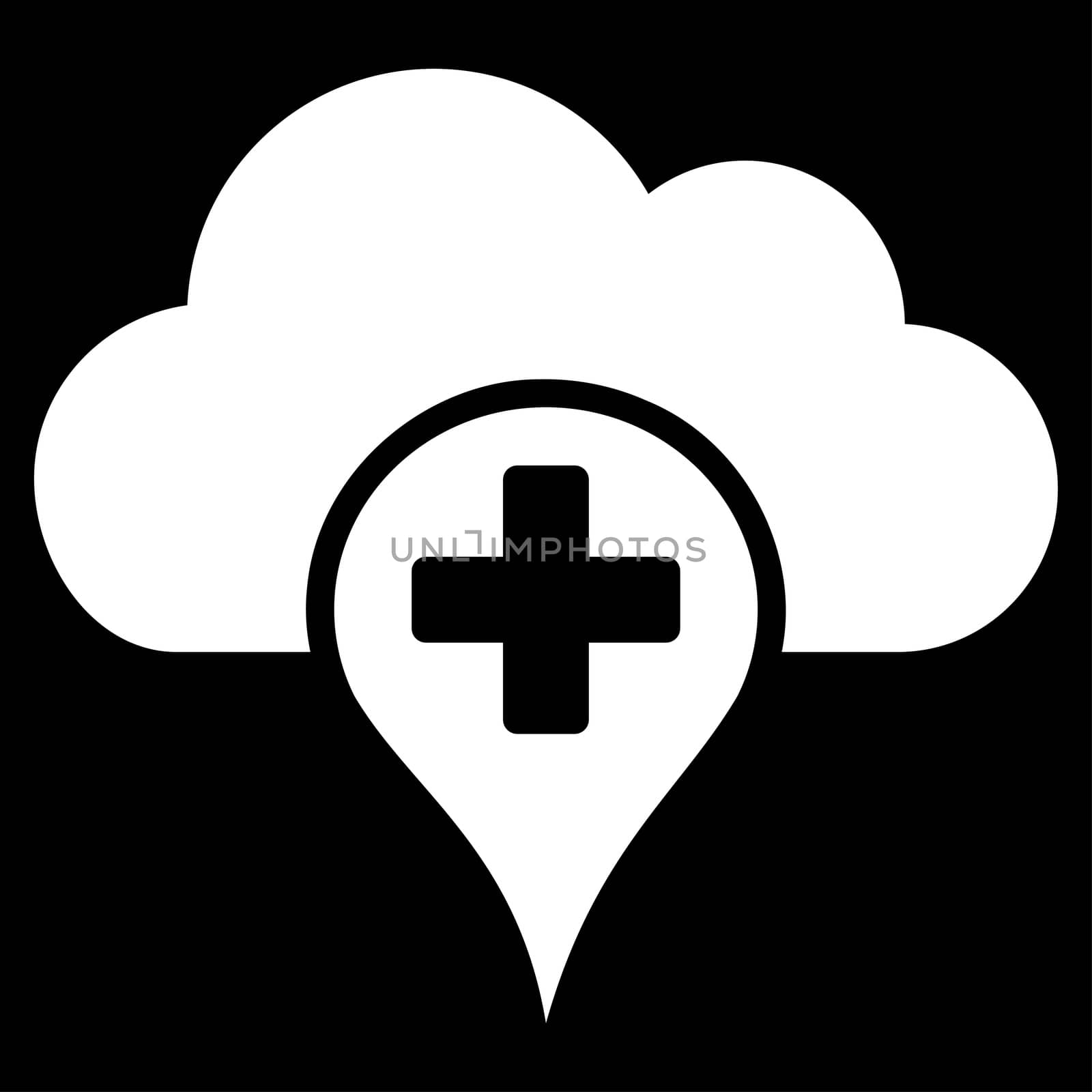 Medical Cloud raster icon. Style is flat symbol, white color, rounded angles, black background.