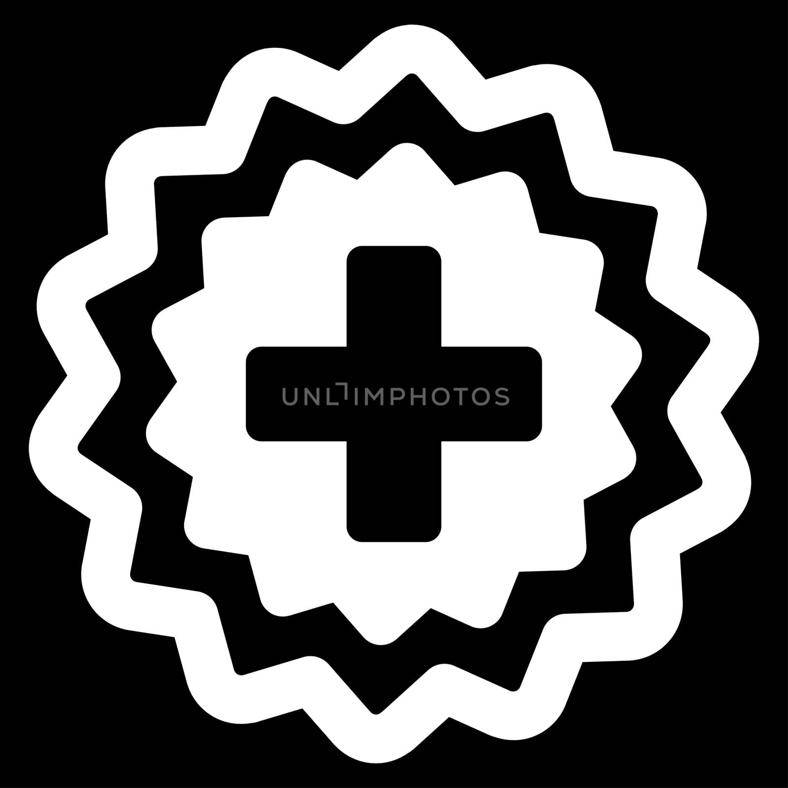 Medical Cross Stamp raster icon. Style is flat symbol, white color, rounded angles, black background.