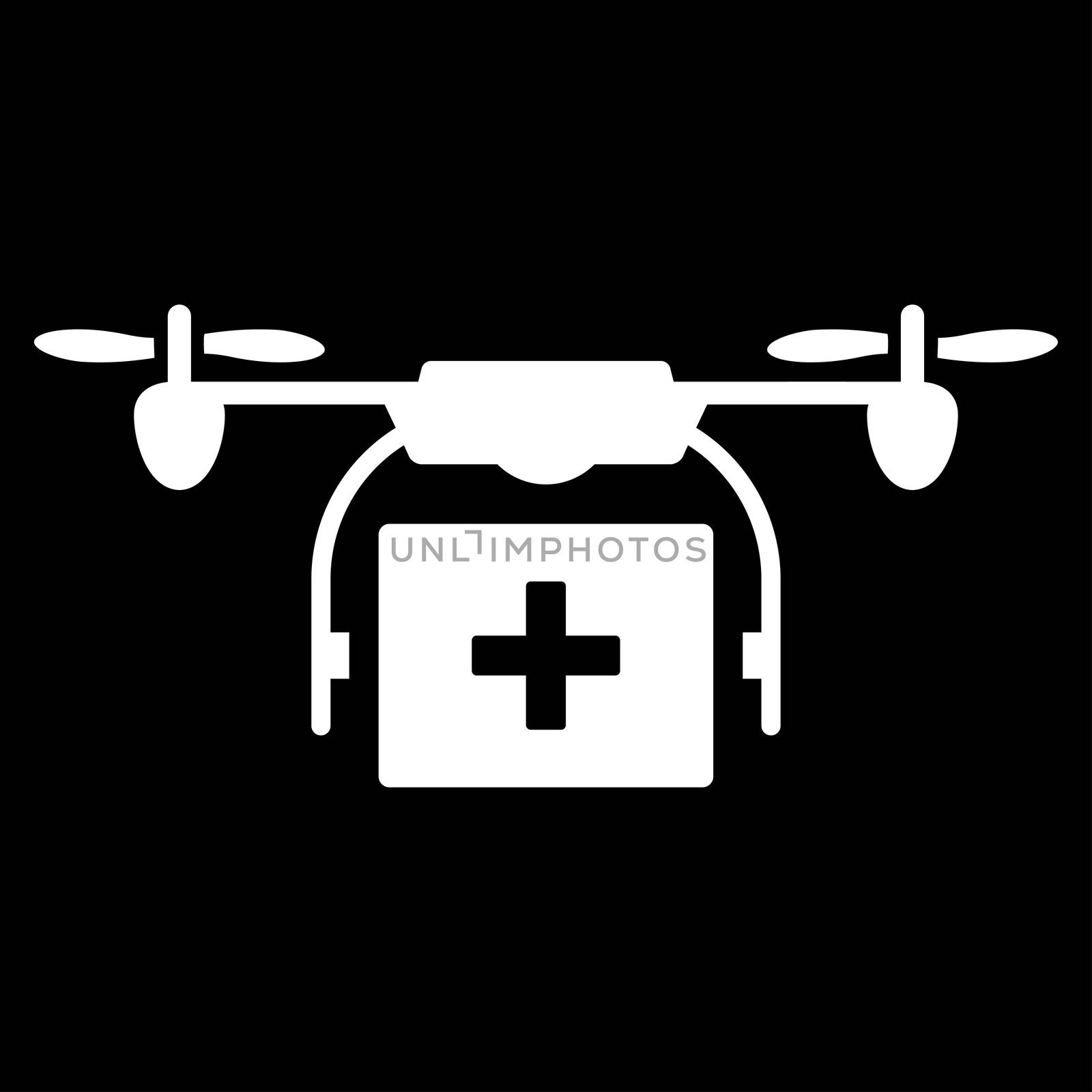 Medical Drone Shipment raster icon. Style is flat symbol, white color, rounded angles, black background.