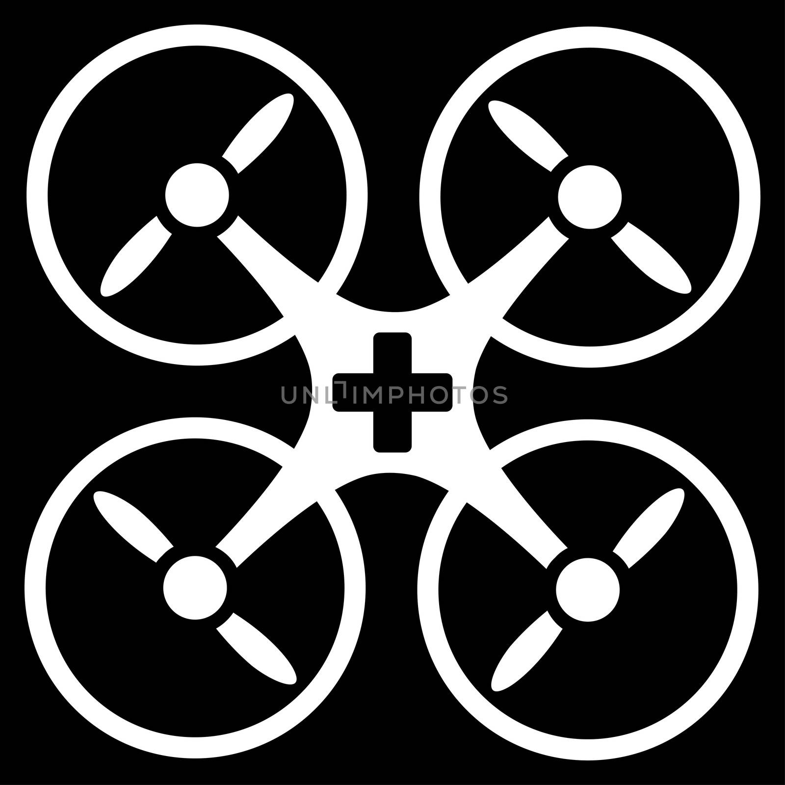 Medical Drone raster icon. Style is flat symbol, white color, rounded angles, black background.