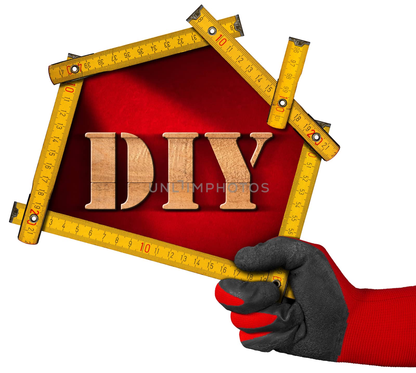 Hand with work glove holding a yellow wooden meter ruler in the shape of house with text Diy (Do it yourself). Isolated on white background