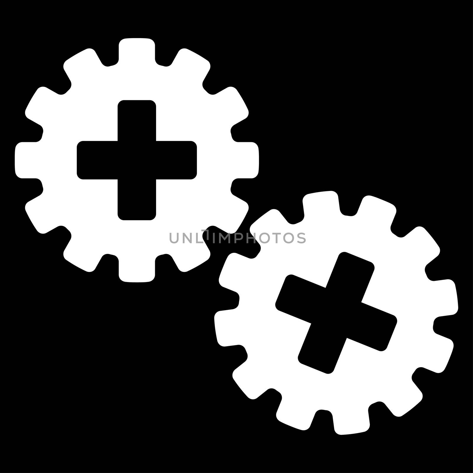 Medical Gears raster icon. Style is flat symbol, white color, rounded angles, black background.