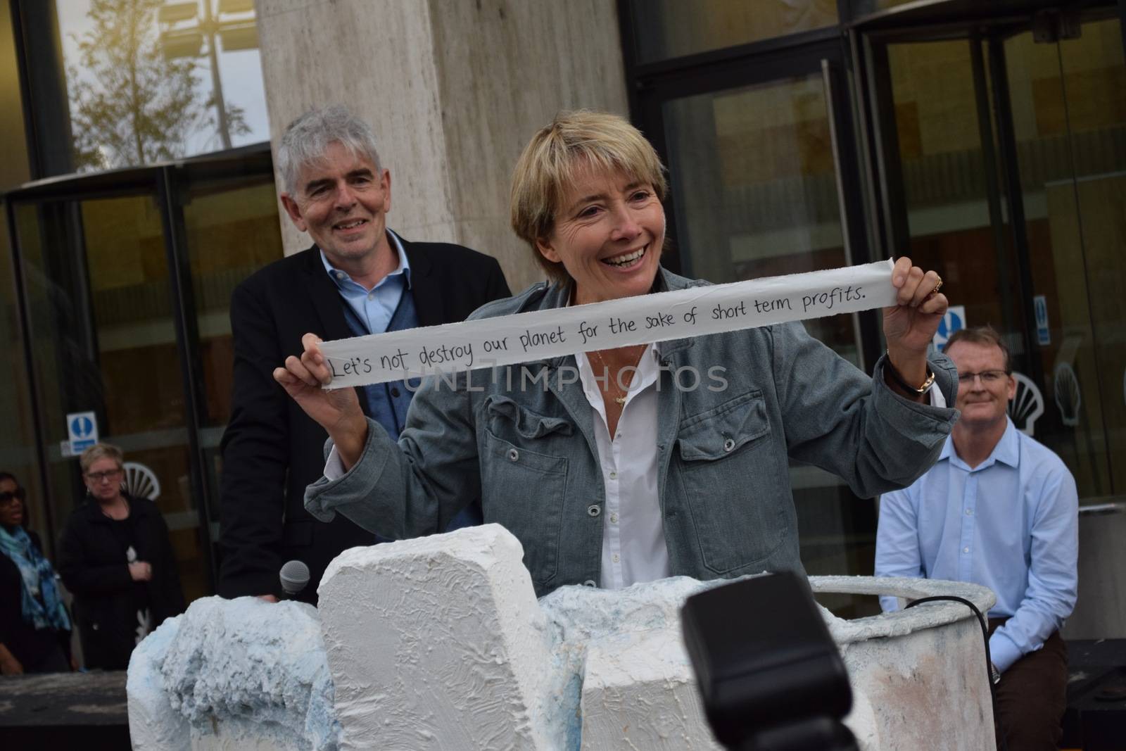 UNITED KINGDOM, London:  Emma Thompson	Actress Emma Thompson joined John Sauven, director of Greenpeace, and a number of activists and other members of the public outside Shell's Headquarters in London on September 29, 2015 to celebrate the announcement that Shell had abandoned its plans to drill for oil in the Arctic.  	According to our contributor about 50 to 100 people listened as Sauven and Thompson spoke of the victory and their continuing fight, which would see their puppet polar bear Aurora being relocated to Paris. 