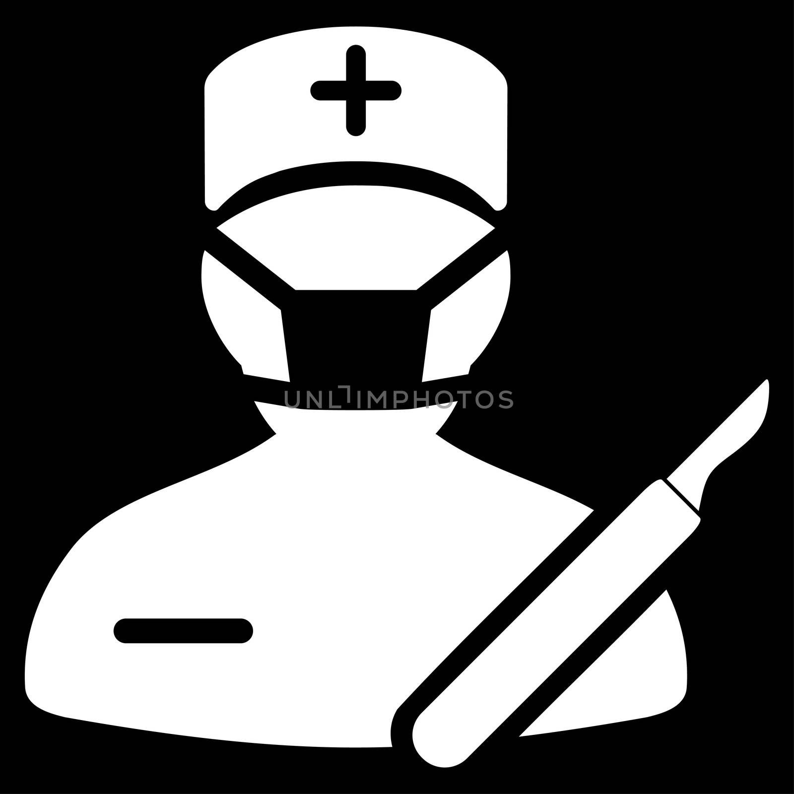 Surgeon raster icon. Style is flat symbol, white color, rounded angles, black background.
