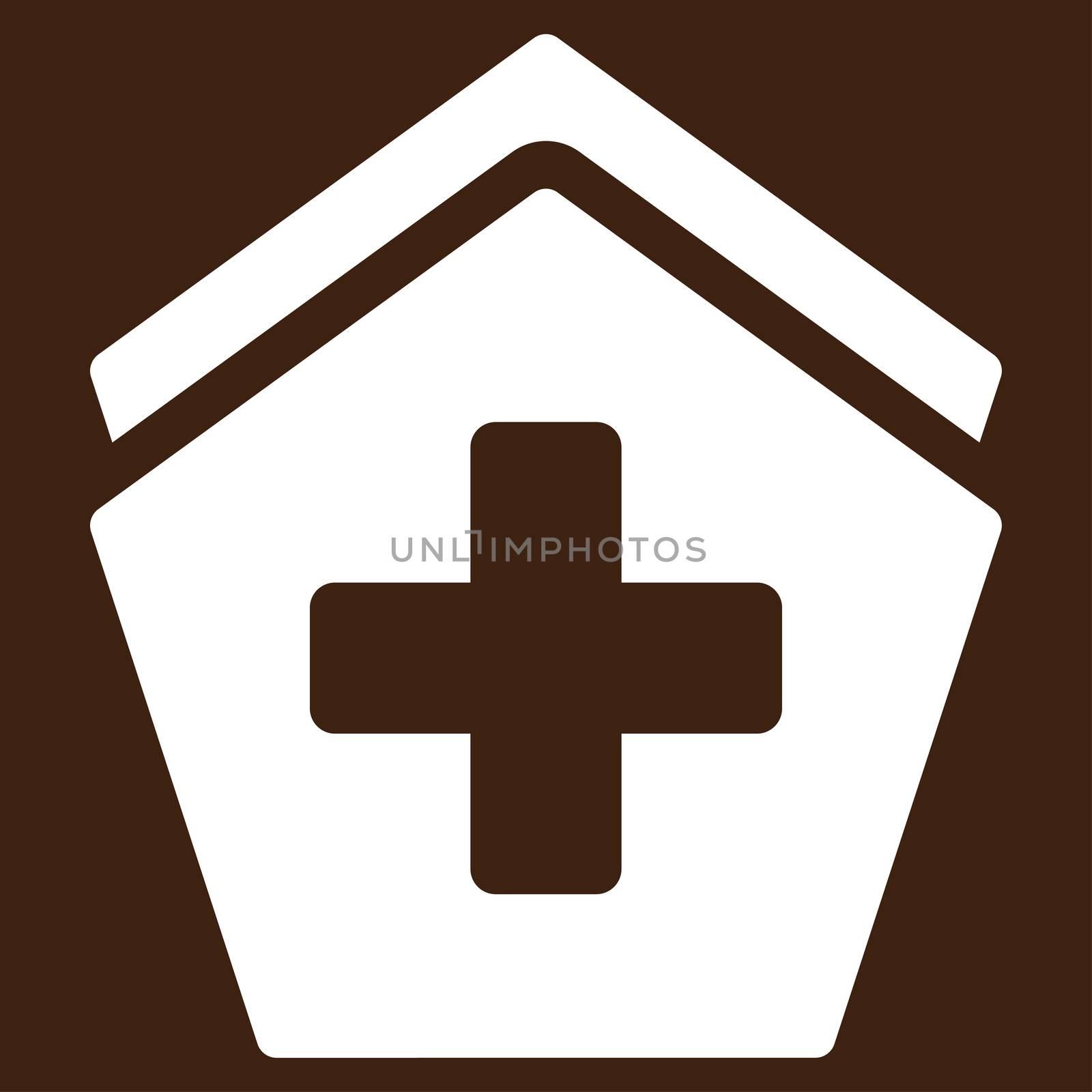 Clinic Building raster icon. Style is flat symbol, white color, rounded angles, brown background.