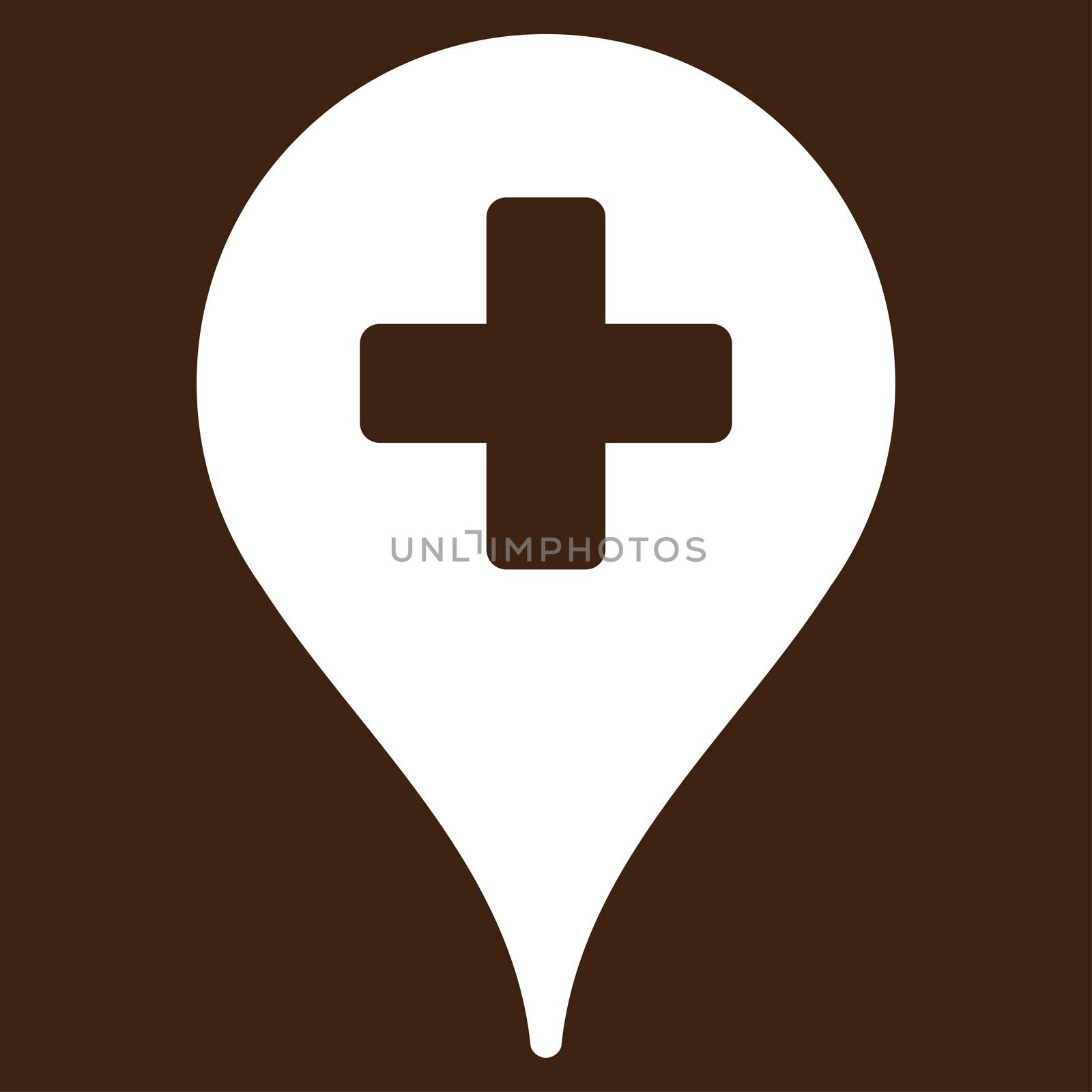 Clinic Map Pointer raster icon. Style is flat symbol, white color, rounded angles, brown background.