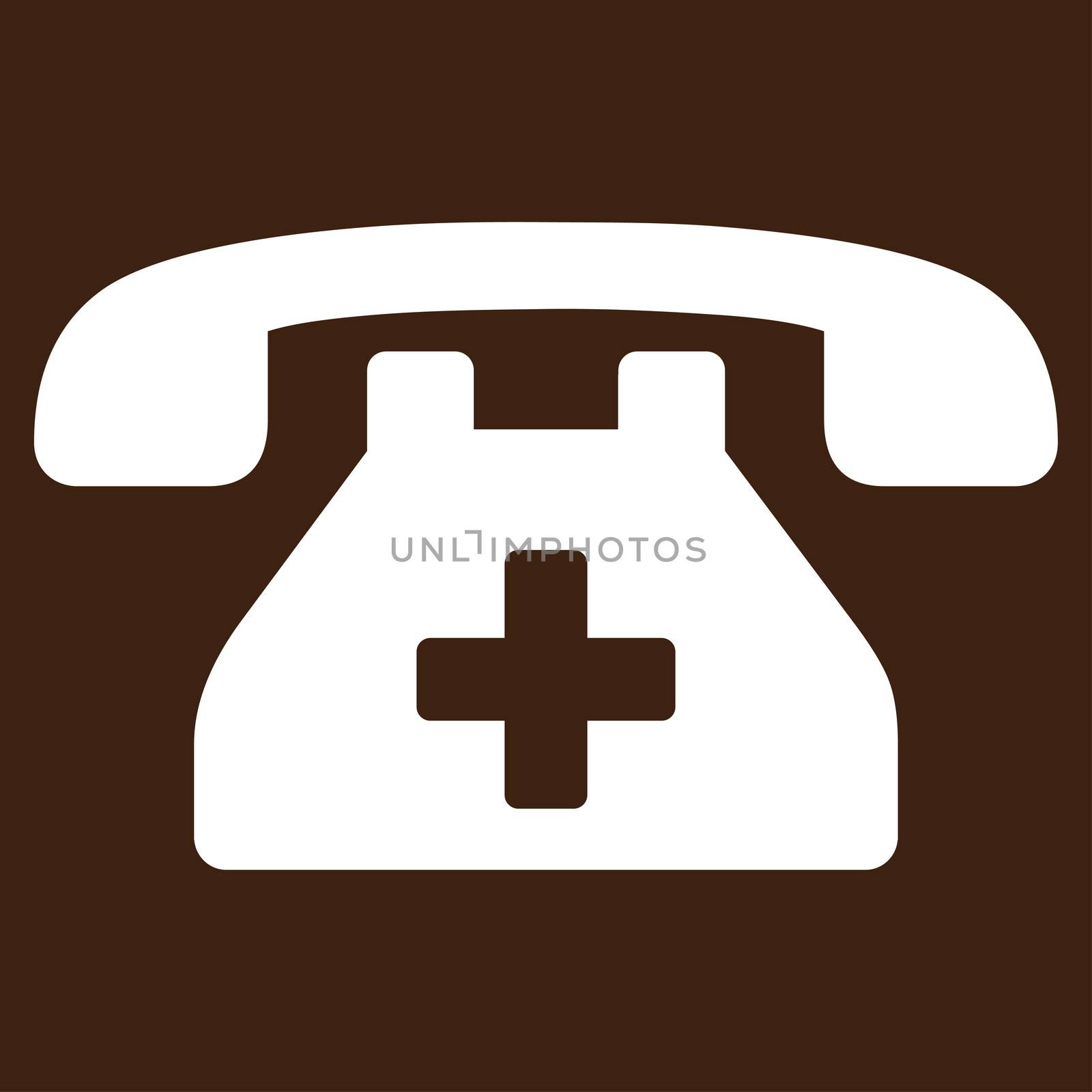 Clinic Phone raster icon. Style is flat symbol, white color, rounded angles, brown background.