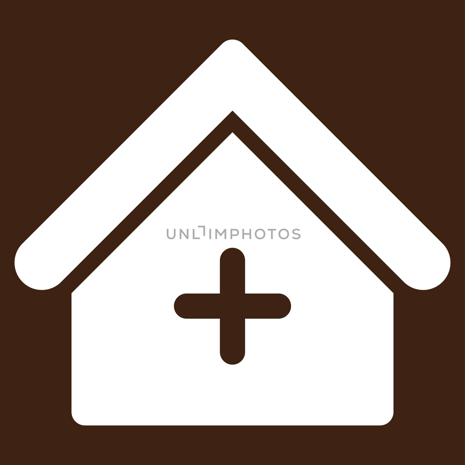 Clinic raster icon. Style is flat symbol, white color, rounded angles, brown background.