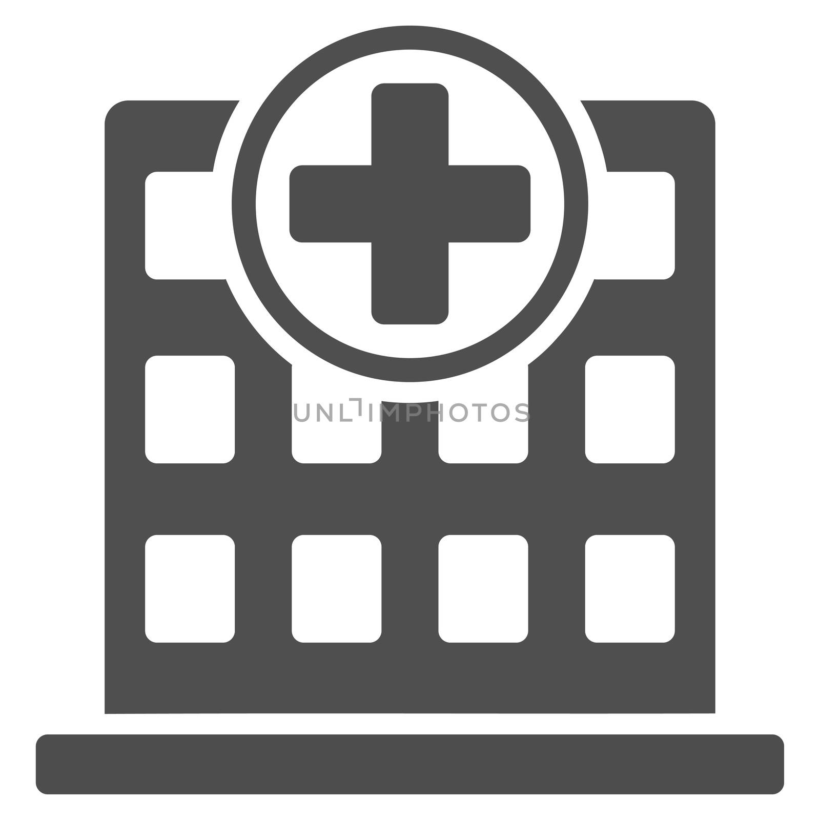 Clinic Building glyph icon. Style is flat symbol, gray color, rounded angles, white background.