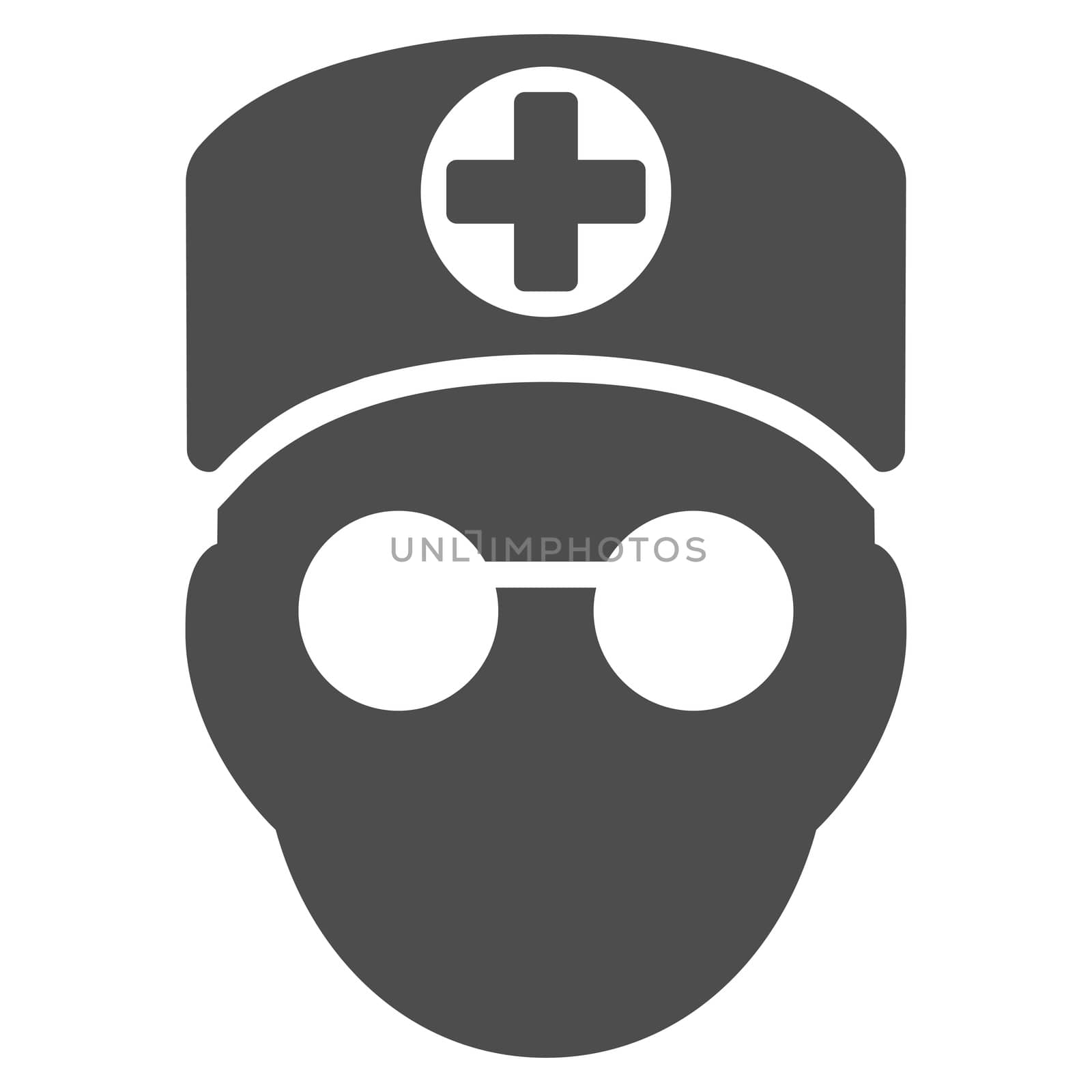 Doctor Head glyph icon. Style is flat symbol, gray color, rounded angles, white background.