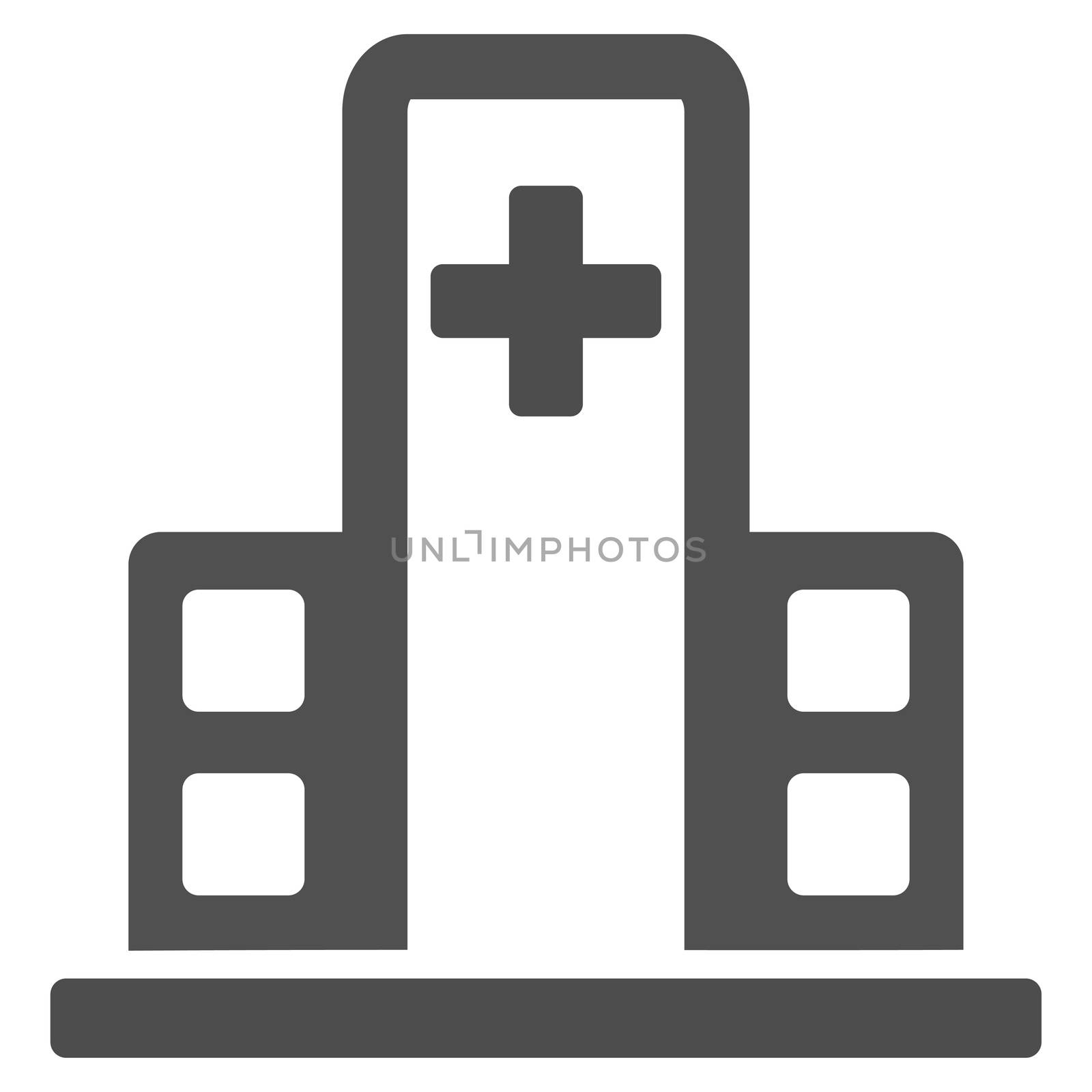 Hospital Building glyph icon. Style is flat symbol, gray color, rounded angles, white background.