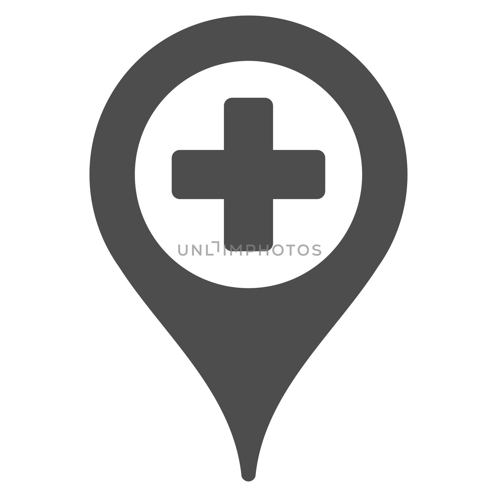 Hospital Map Pointer glyph icon. Style is flat symbol, gray color, rounded angles, white background.
