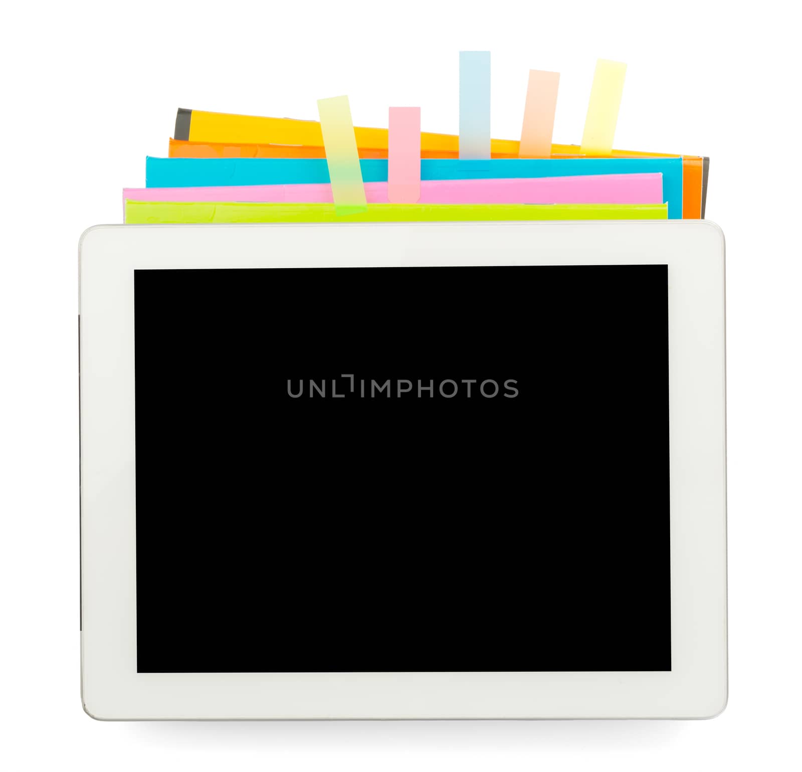 Copybooks with tablet on isolated white background