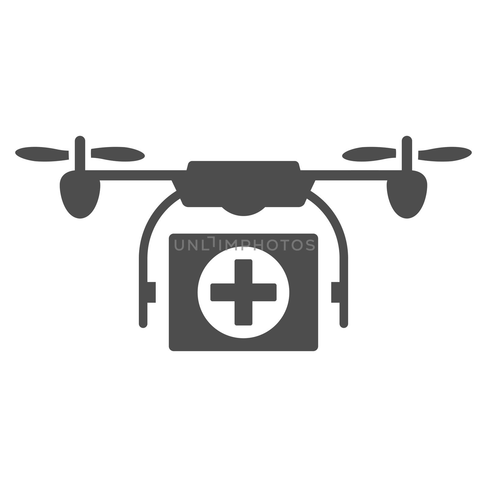 Medical Drone glyph icon. Style is flat symbol, gray color, rounded angles, white background.
