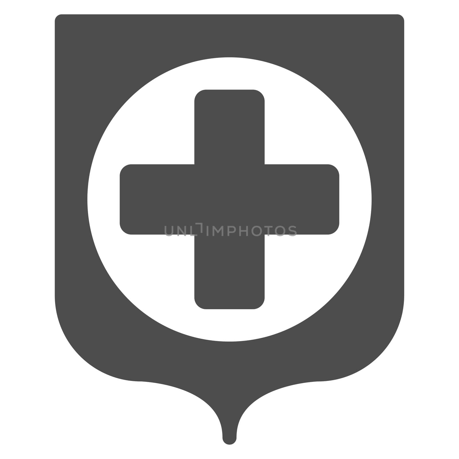 Medical Shield glyph icon. Style is flat symbol, gray color, rounded angles, white background.