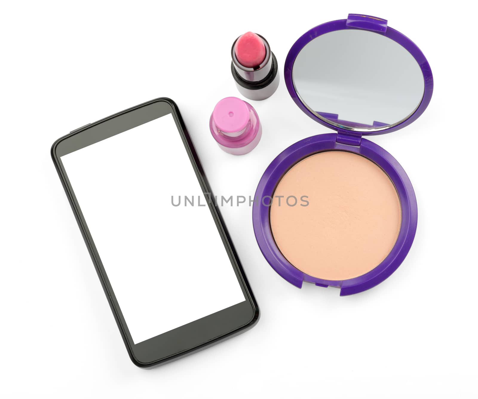 Cosmetics with smartphone on isolated white background